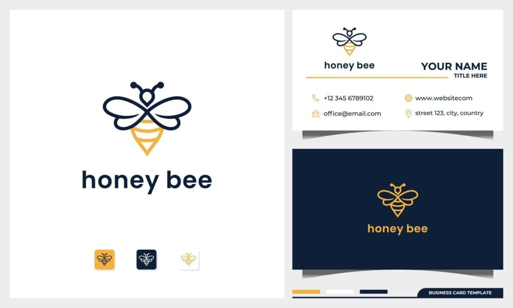 Bee honey creative icon symbol logo with line art style and business card template set Stock Free