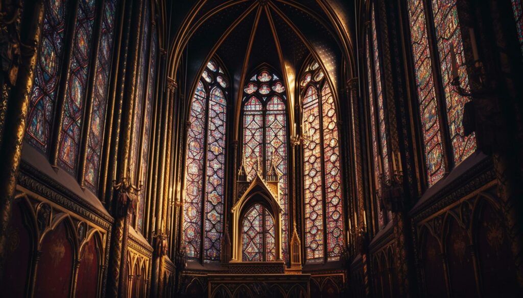 Stained glass illuminates majestic gothic cathedral interior generated by AI Stock Free