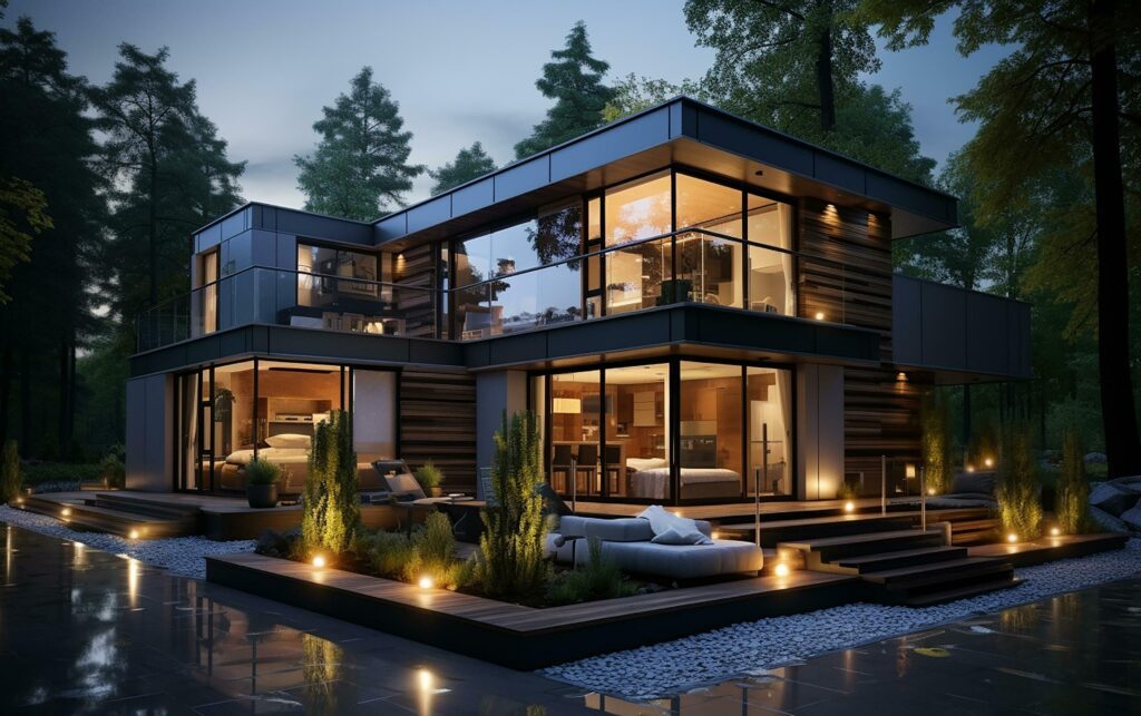 unique industrial architecture house in daylight, photo-realistic AI generative Stock Free