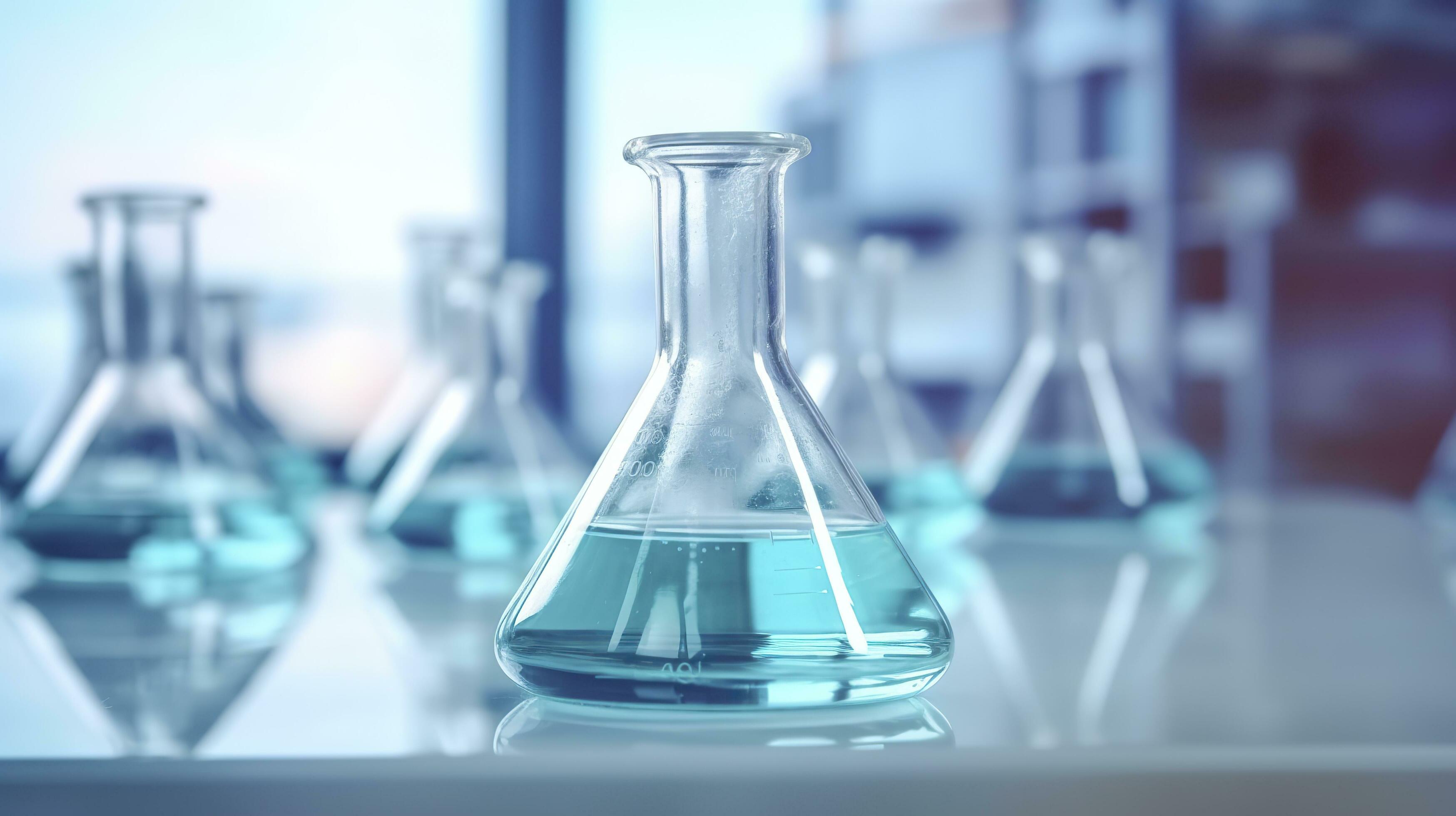 A Science Beaker in the laboratory on a table white and light blue background. laboratory equipment out of focus. AI Generative Stock Free