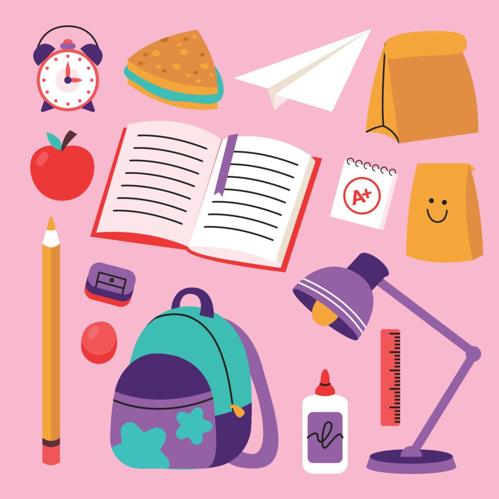 school supplies and school supplies on a pink background Free Vector