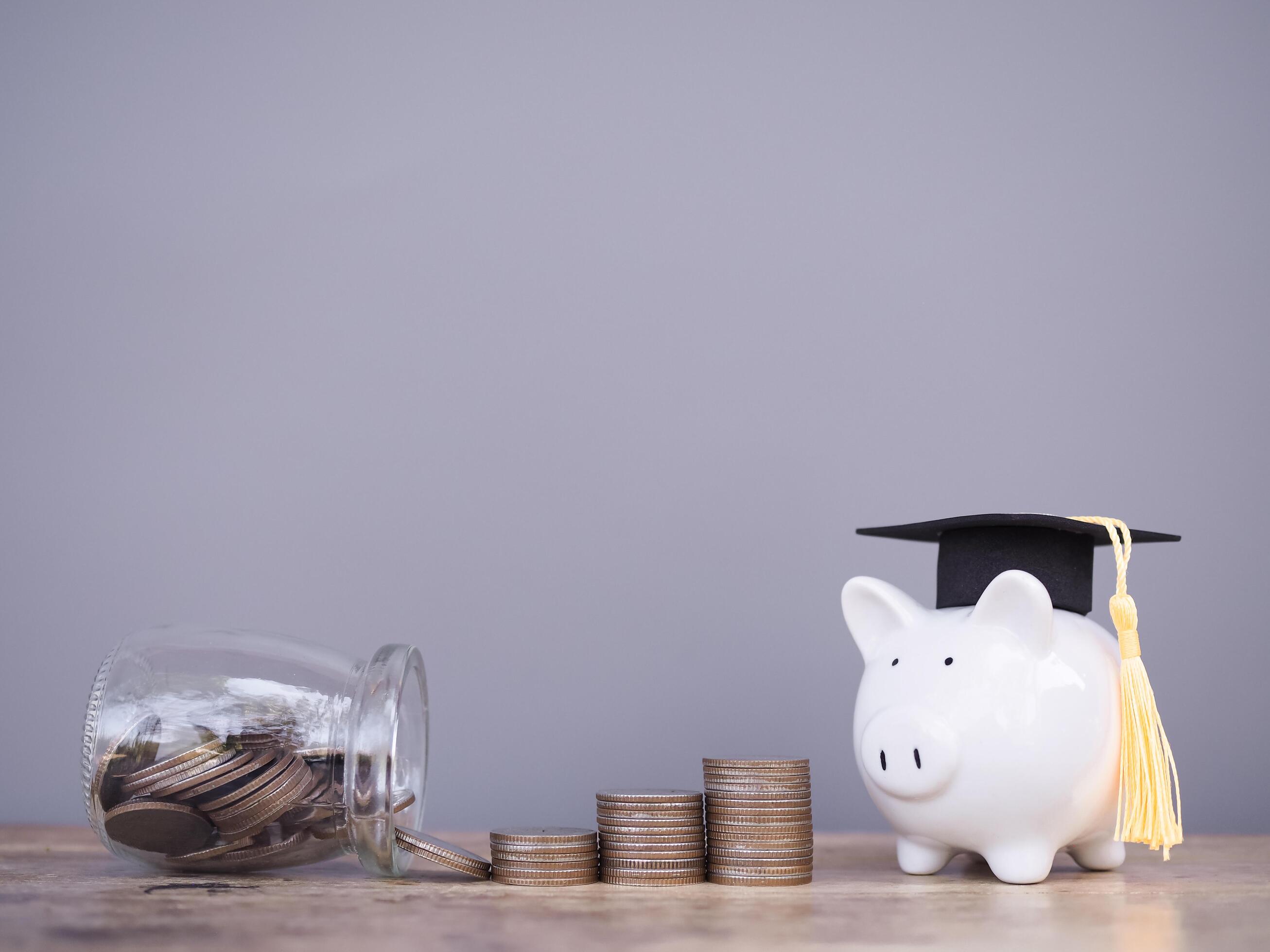 Piggy bank with graduation hat and stack of coins. The concept of saving money for education, student loan, scholarship, tuition fees in the future Stock Free