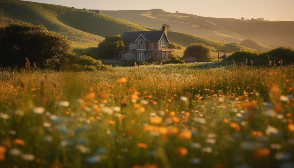 Rustic farmhouse in tranquil meadow, surrounded by green nature beauty generated by AI Stock Free