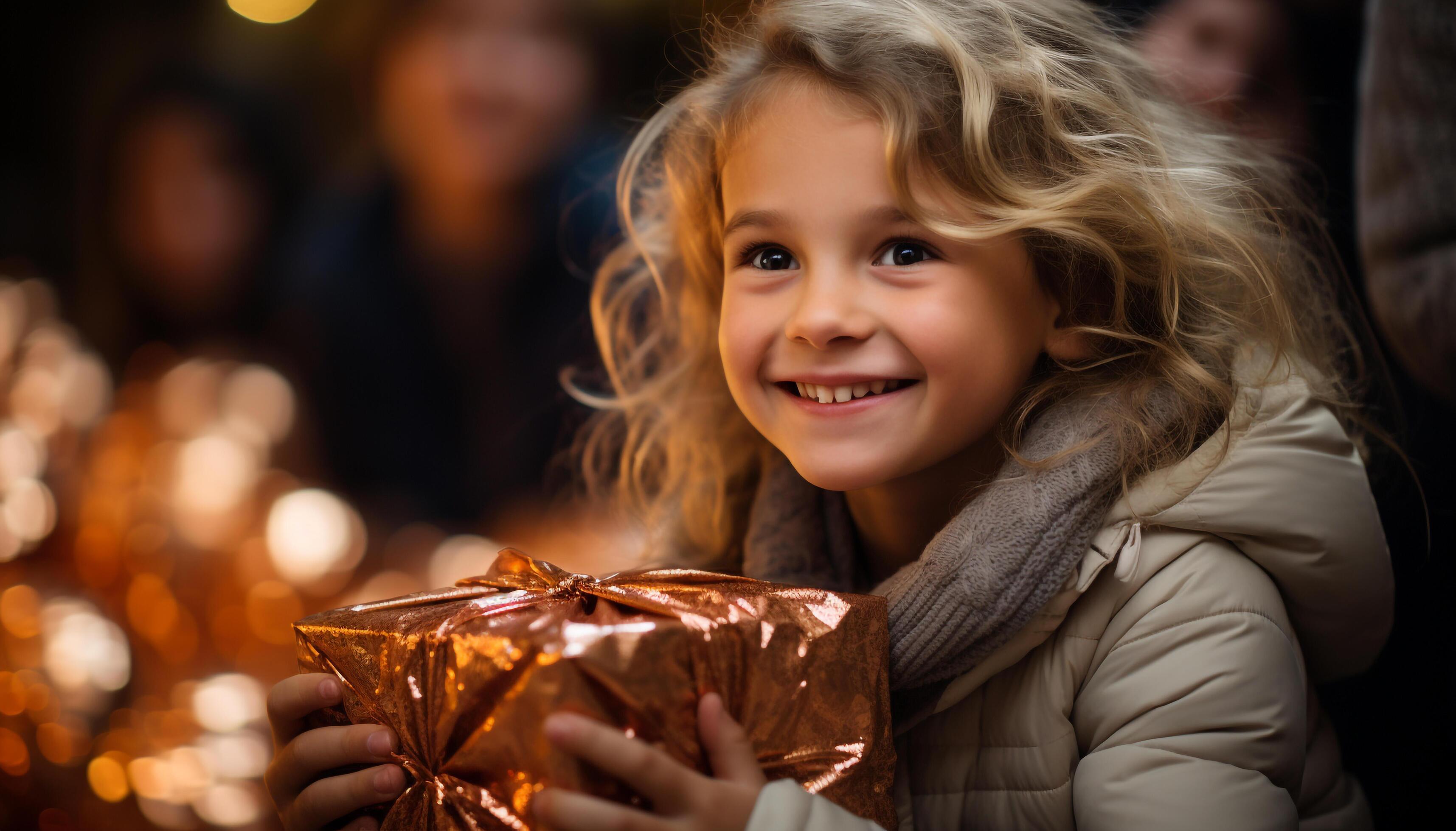 AI generated Smiling girls enjoy Christmas gift, cheerful family celebration generated by AI Stock Free