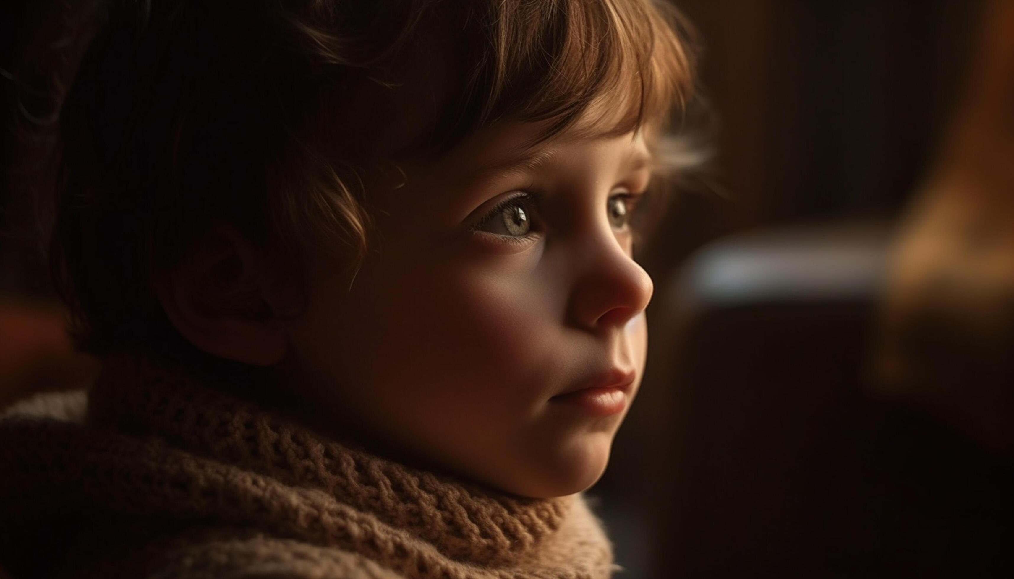 AI generated Cute Caucasian child looking away, smiling, indoors, surrounded by family generated by AI Stock Free