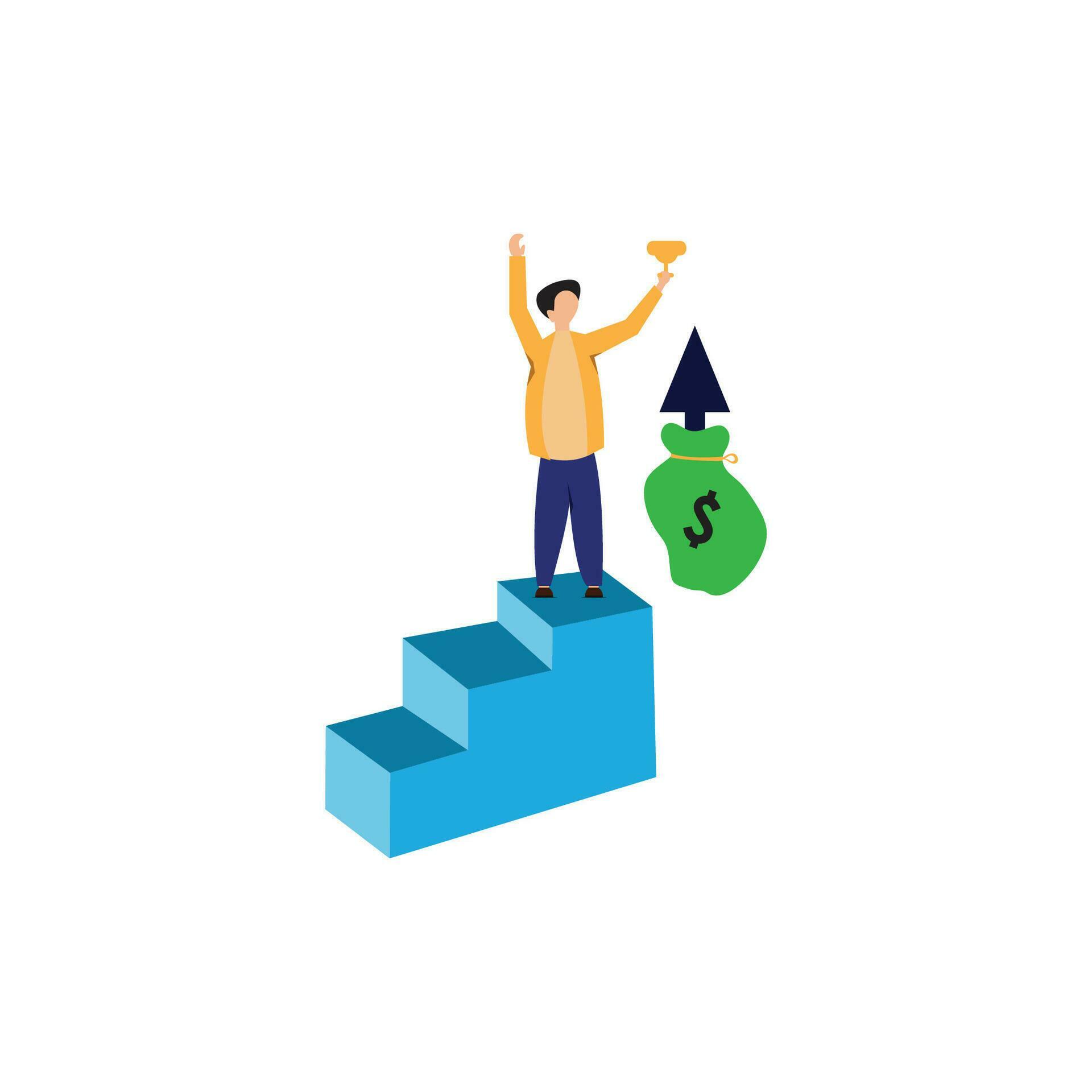 man gets trophy for victory, as well as salary arrow up, business flat illustration. Stock Free