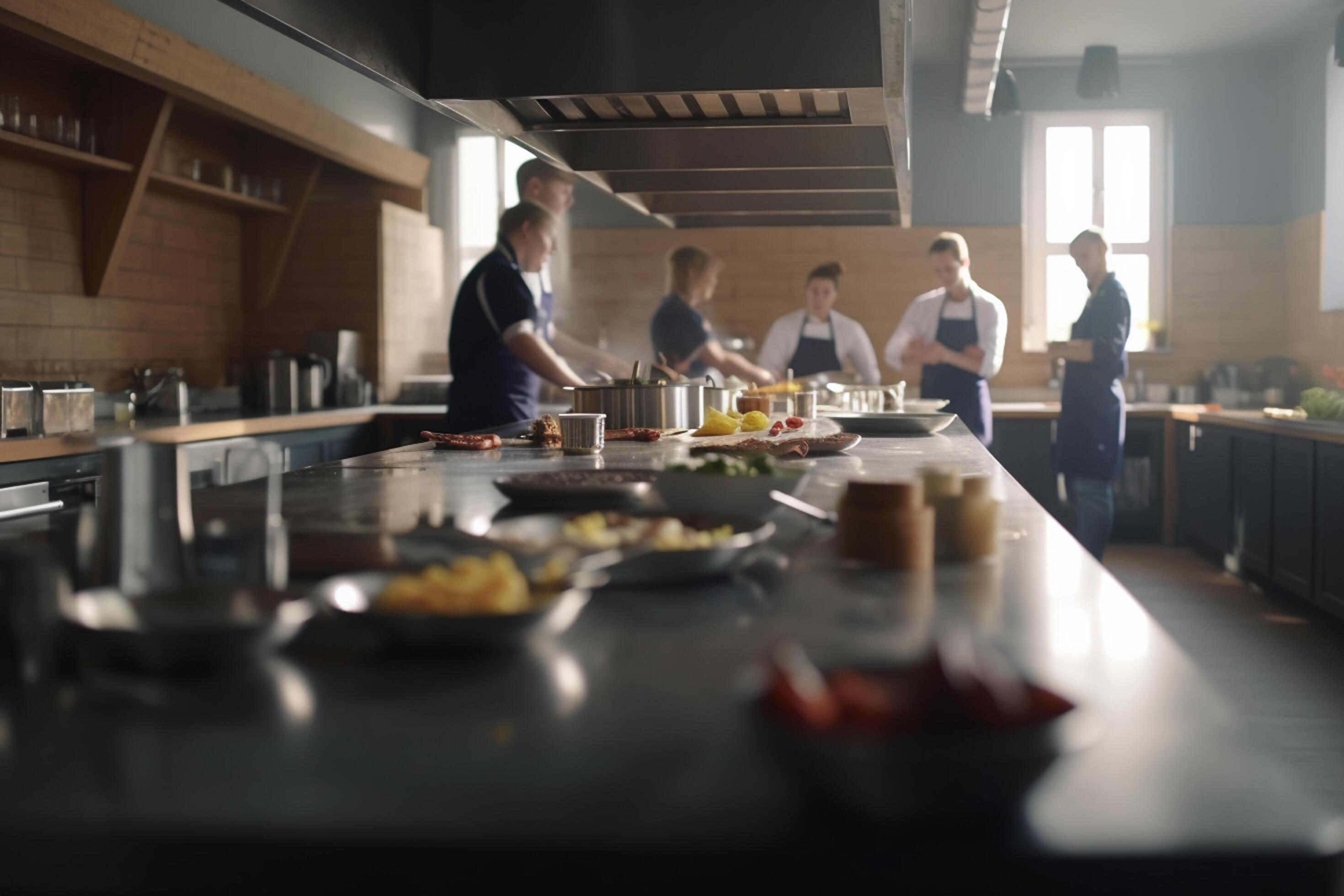 Behind the Scenes Busy Kitchen Staff Preparing Food in Restaurant or Hotel Kitchen Stock Free