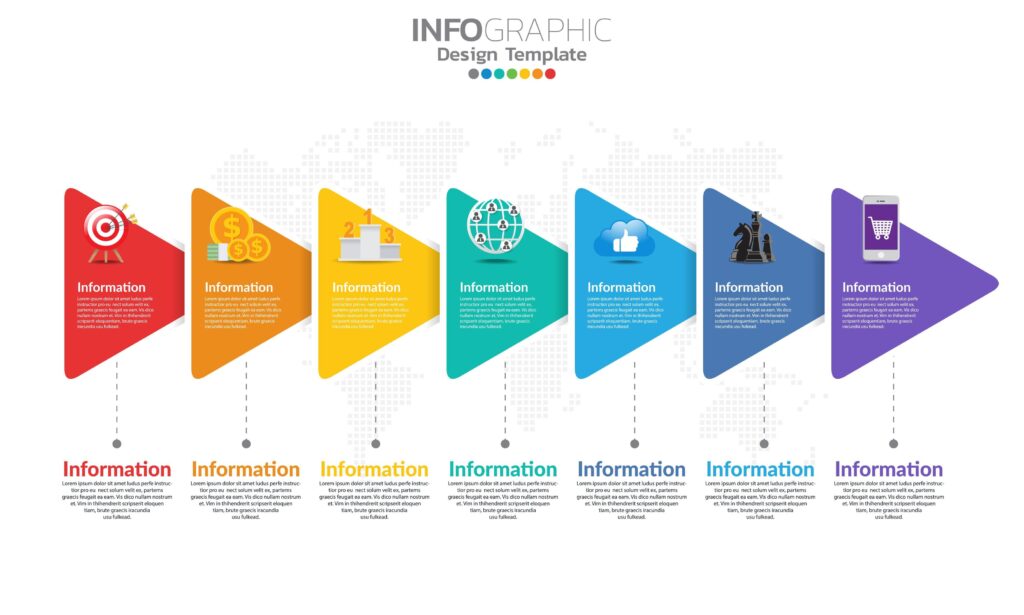 Timeline infographic template with arrows and 7 options flat design Stock Free