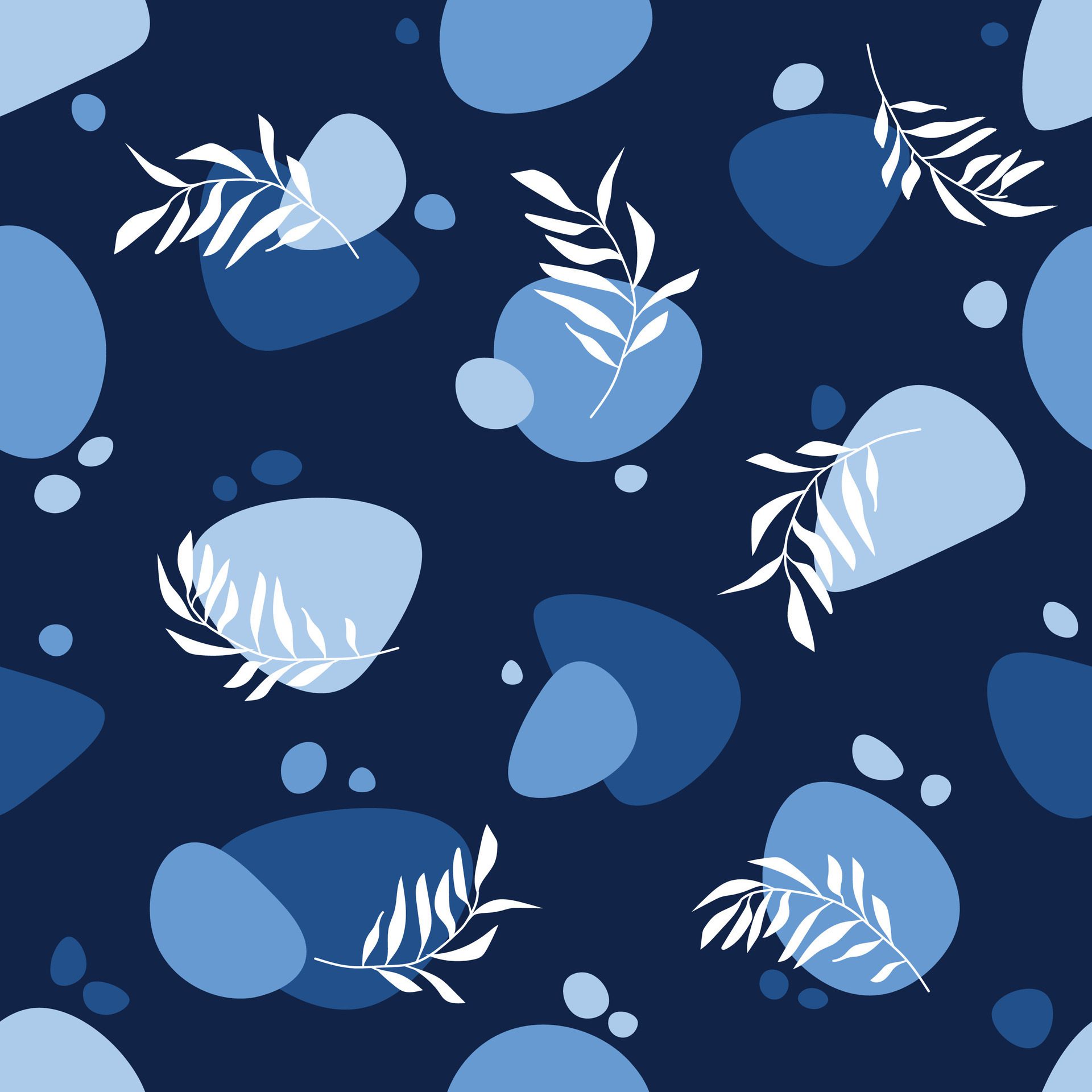 Blue print for clothes. Seamless pattern with spots and abstract plants. Vector illustration Free Vector