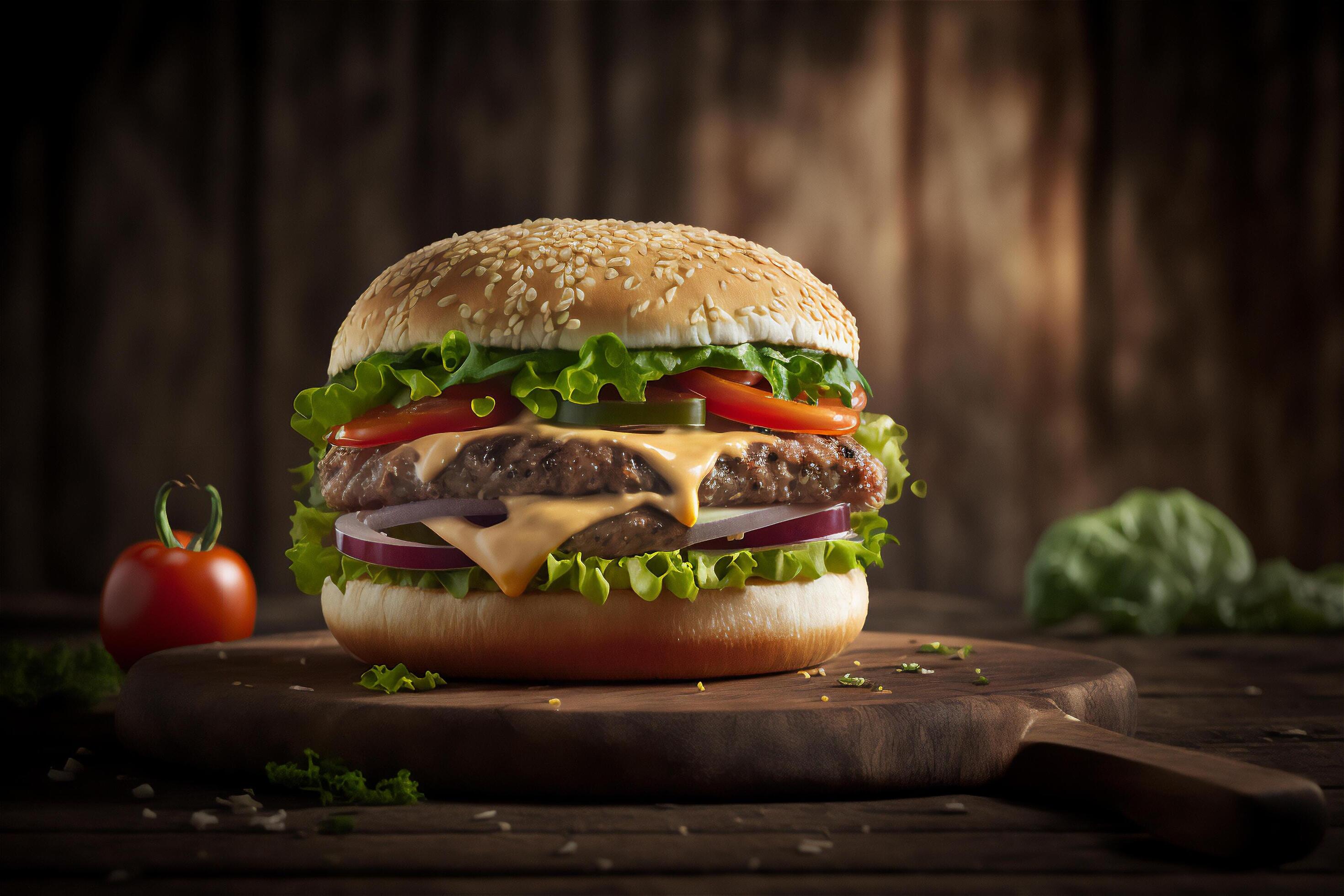 Tasty homemade hamburger on rustic wooden table. Copy space. Advertising. . Fast food snack Stock Free