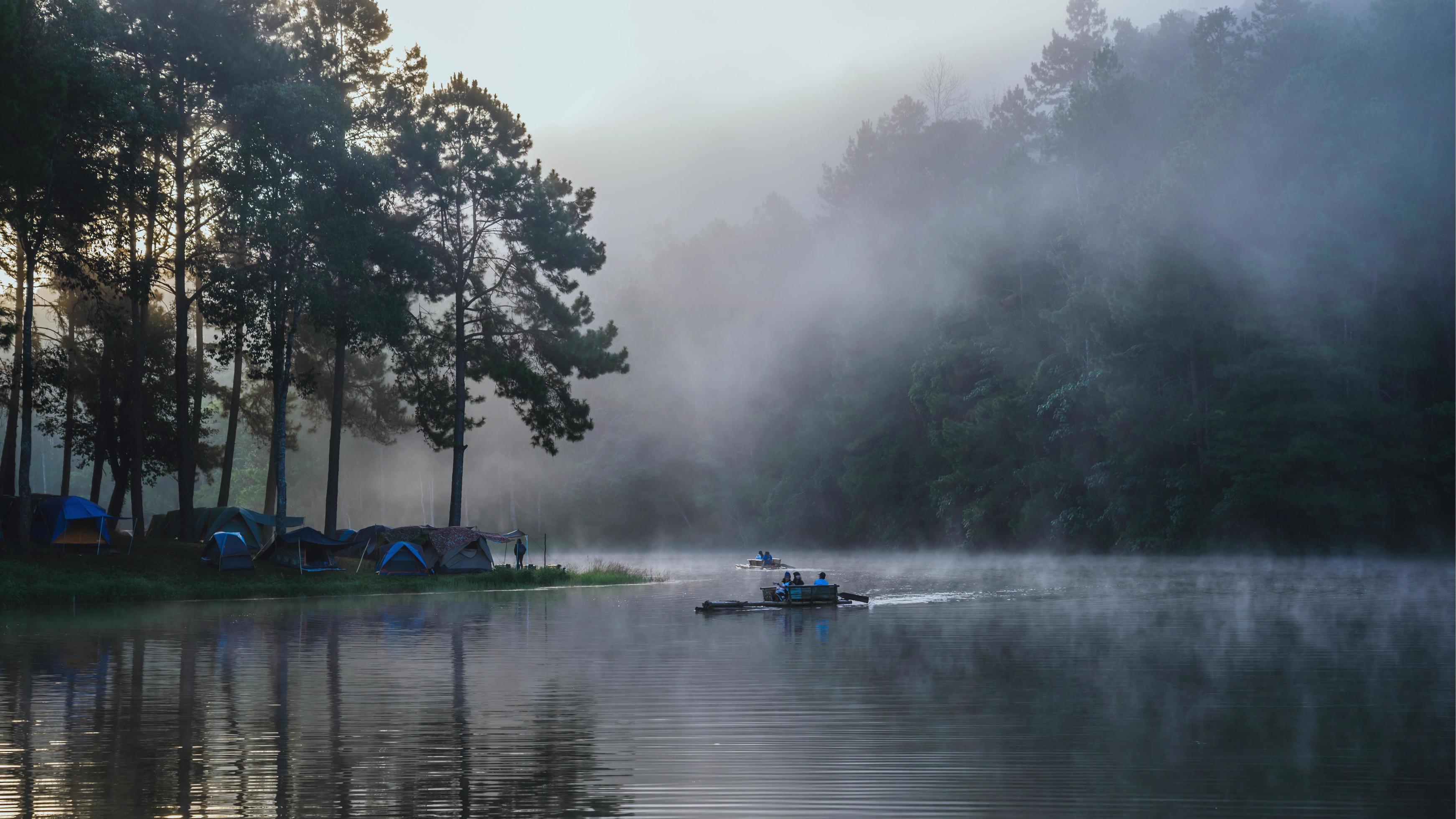 travel Beatiful nature panorama view of Pang Ung lake in the mist at sunrise. Stock Free