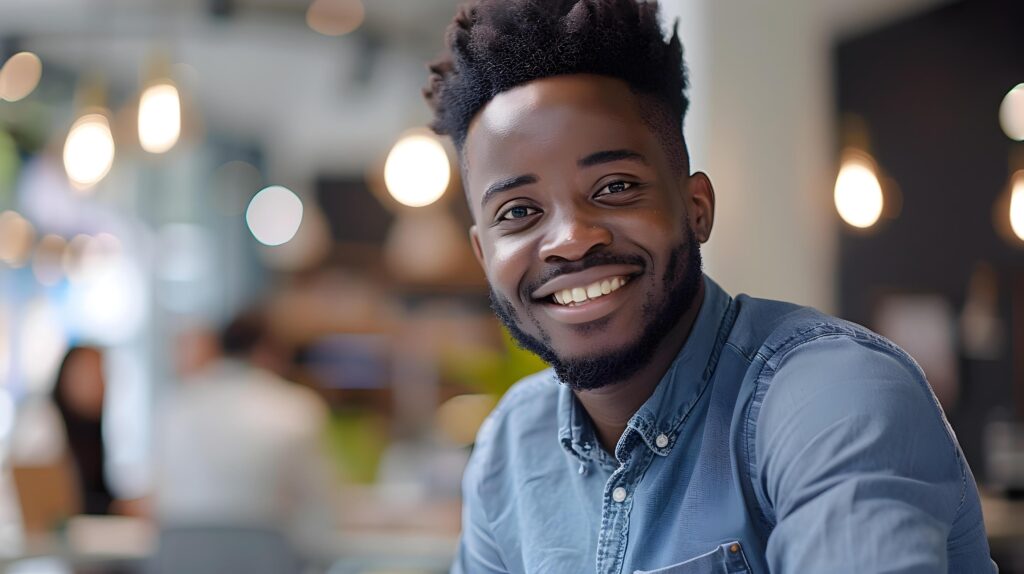 Enthusiastic Young Business Professional Smiling at in Modern Office Setting Stock Free