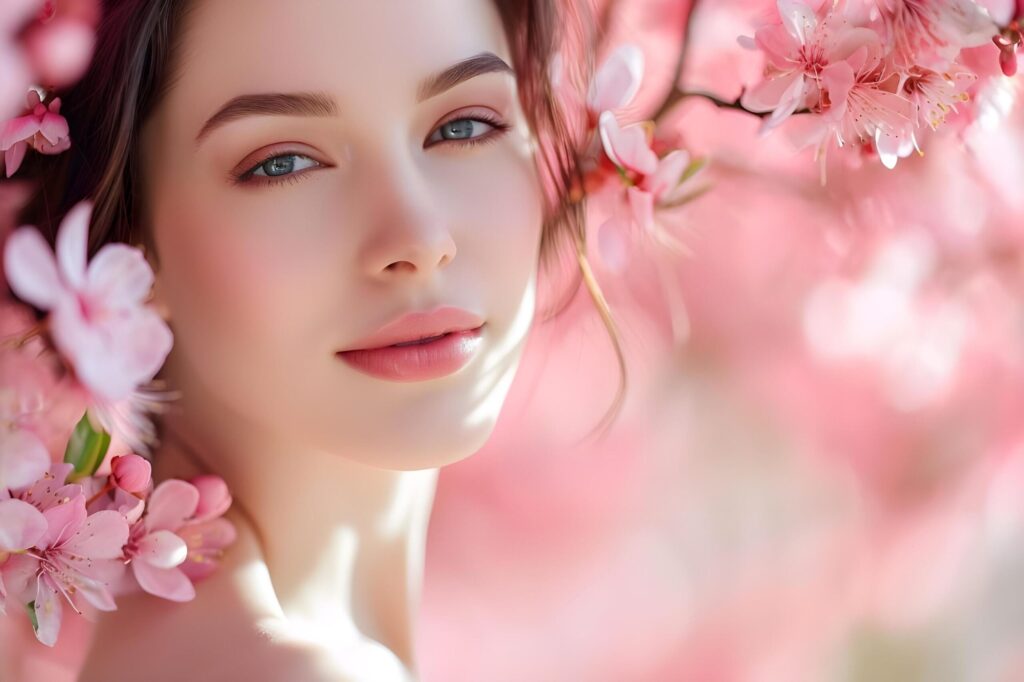 Spring Bloom Beauty Woman in Pastel Pink Floral Banner Free Photo