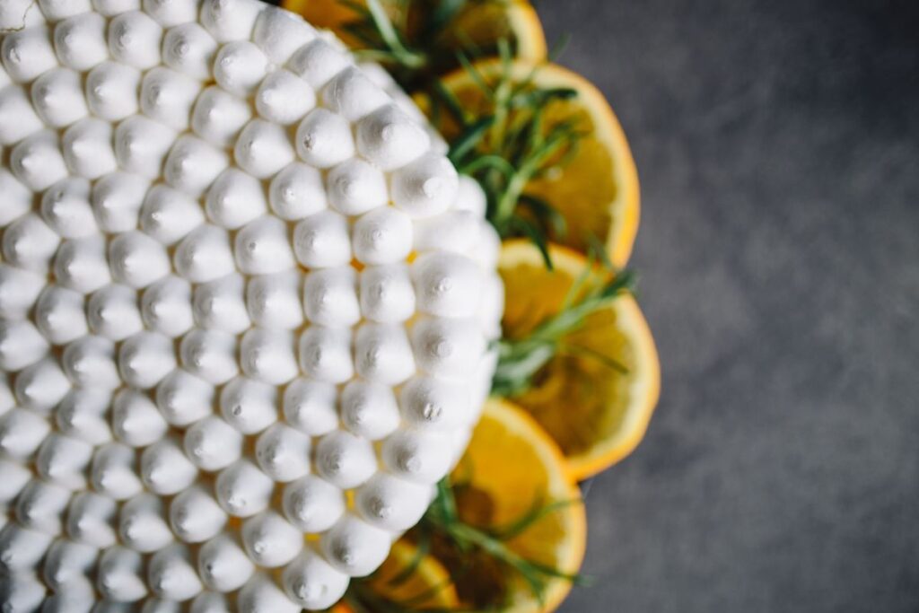 Meringue Cake with whipped cream and oranges Stock Free