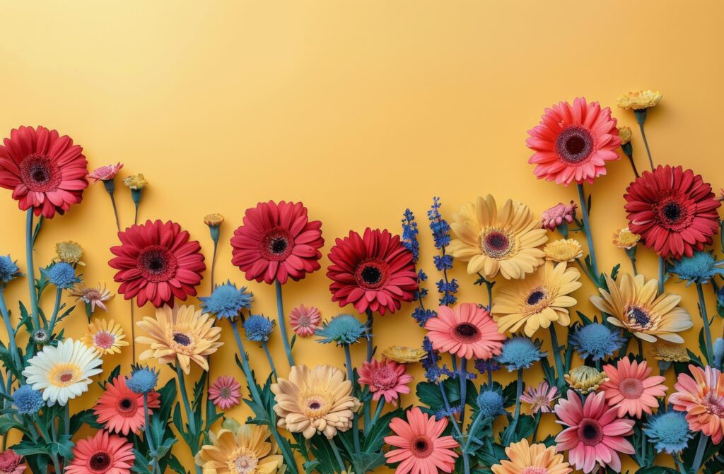 Colorful Flowers Arranged on a Yellow Background Stock Free