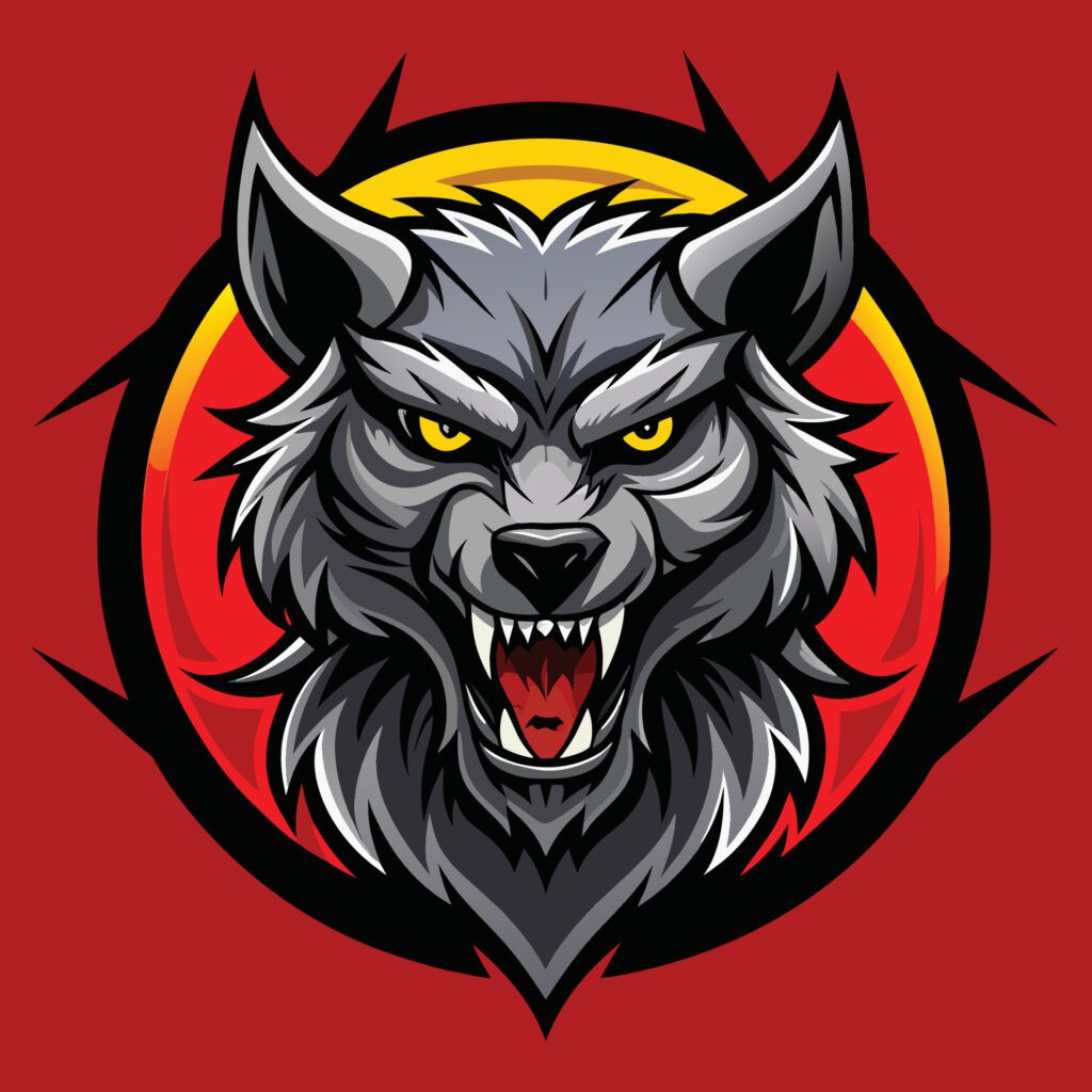 A bold werewolf logo featuring a wolfs head with striking yellow eyes set against a vibrant red background, Bold Werewolf Logo, Impactful Free Vector