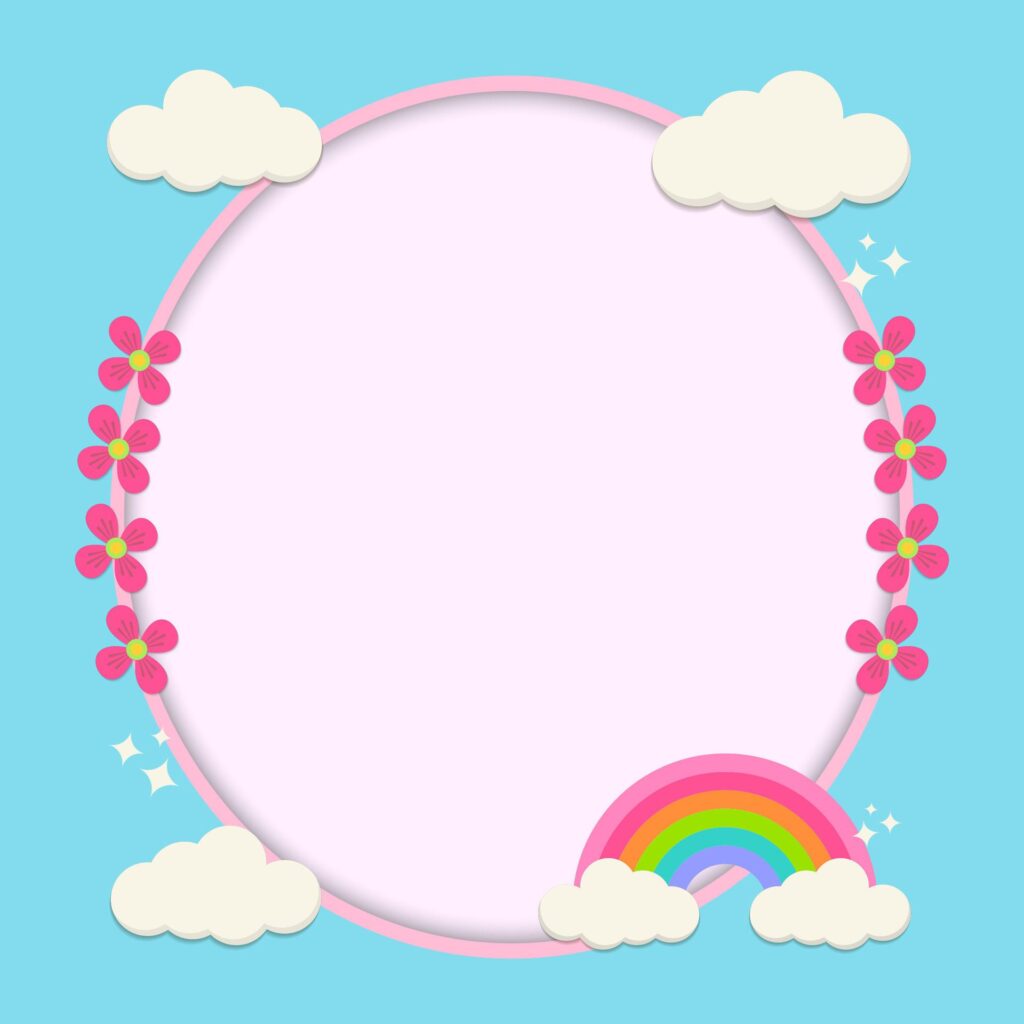 Frame decorated with clouds and rainbows and flowers Free Vector