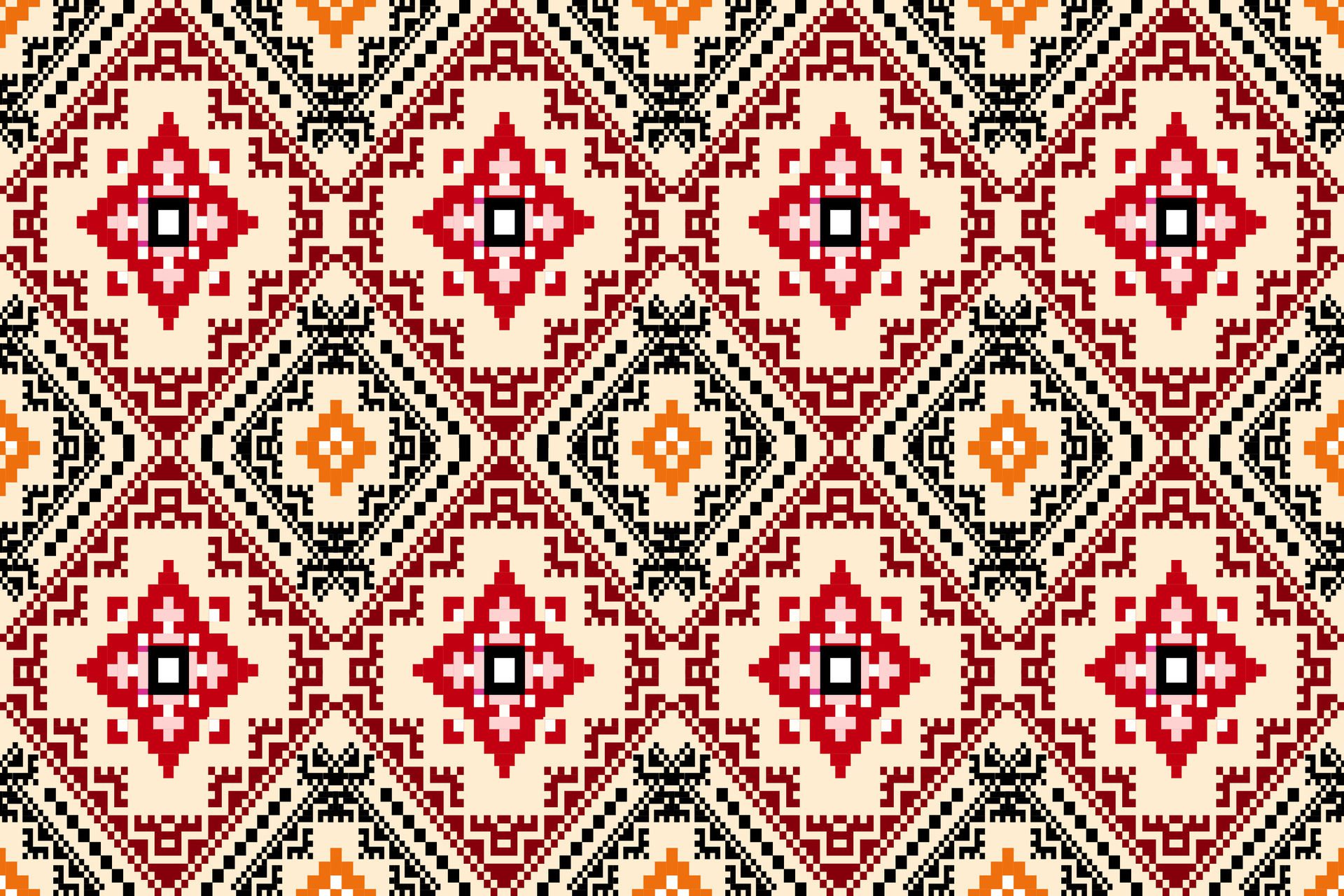 
									Ethnic Floral Damask Pixel Art Seamless Pattern. Vector Design for fabric, carpet, tile, embroidery, wallpaper and background Free Vector