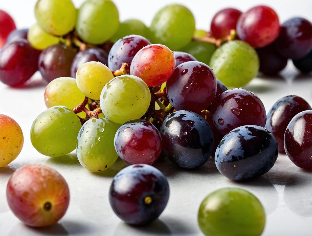 Food photography of Set of grapes of different varieties and colors, on a white absolud background Stock Free