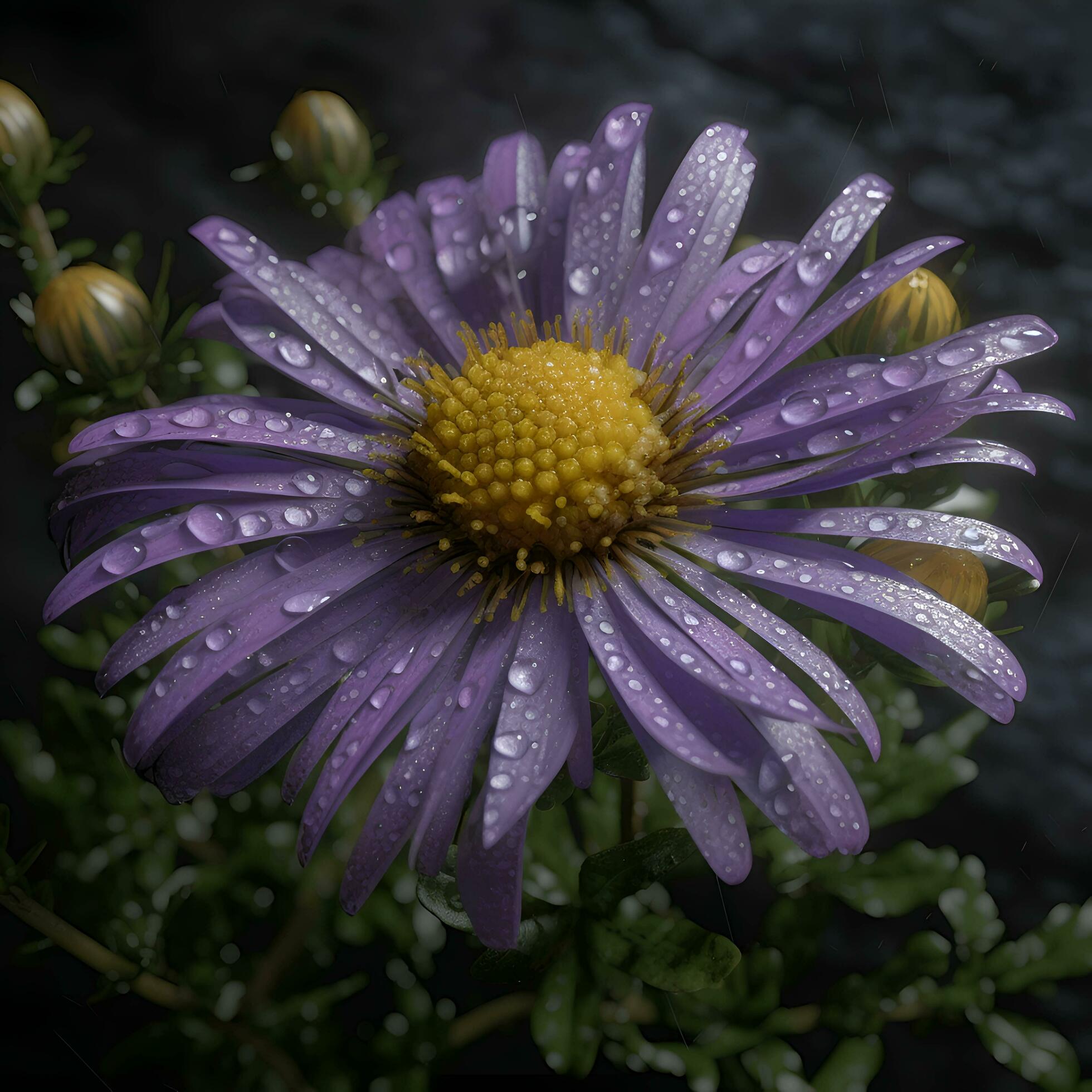 Purple aster flower with water drops on a dark background close-up Stock Free