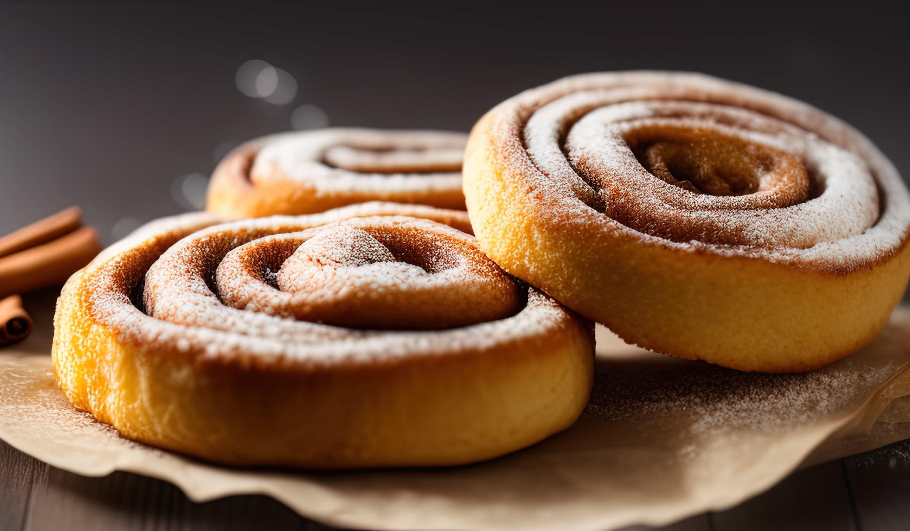 dvertising professional food photography close up of a pile of cinnamon rolls covered in sugar Stock Free