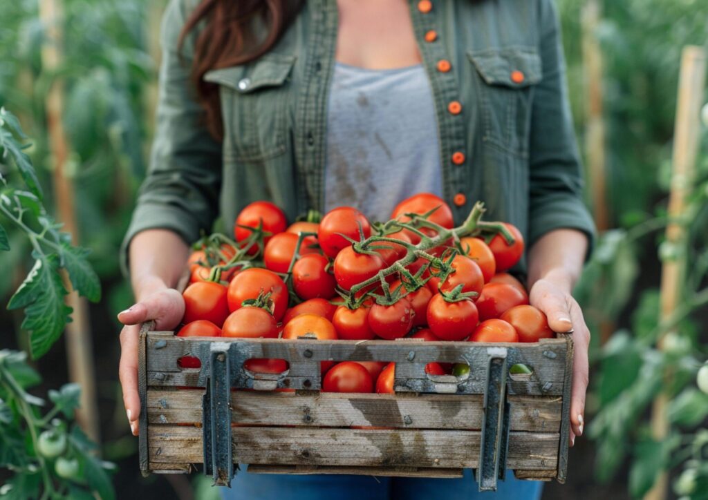 Woman hands holding a crate full of fresh tomato in the garden generated by AI. Free Photo