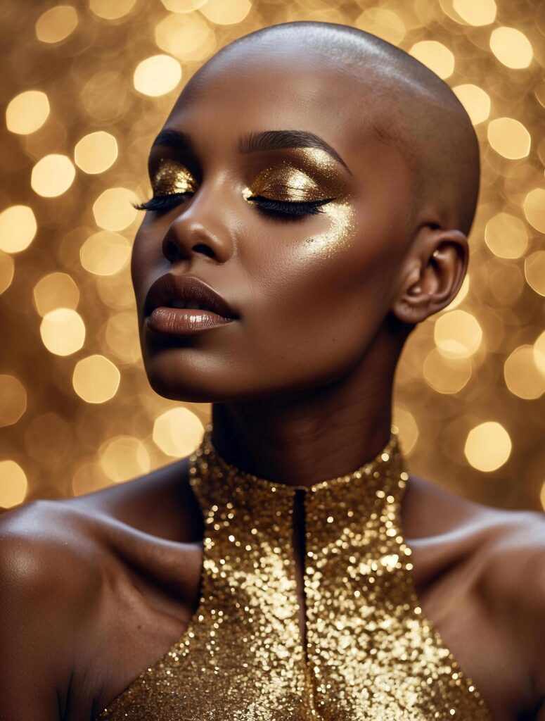 Bald black model with closed eyes, her eyelids and body shimmering with gold glitter makeup, on a beautiful shimmering bokeh background Stock Free