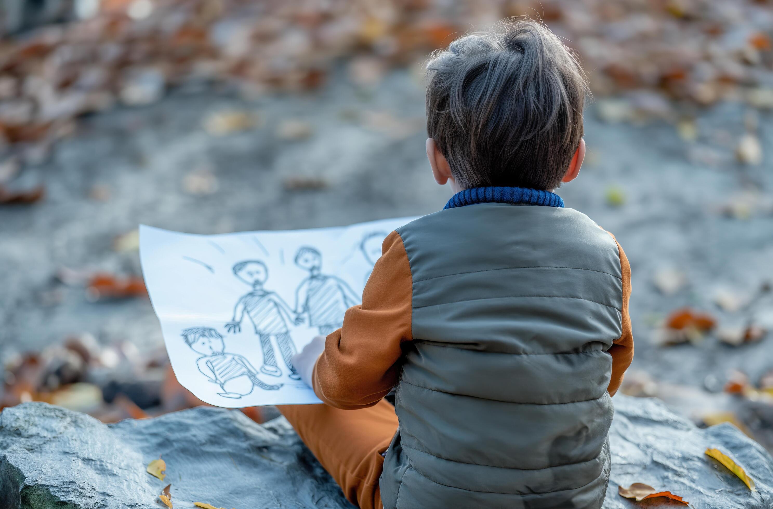 AI generated Boy with family drawing in autumn Stock Free