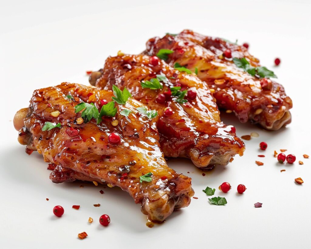 chicken wings with sauce and herbs on a white background Stock Free