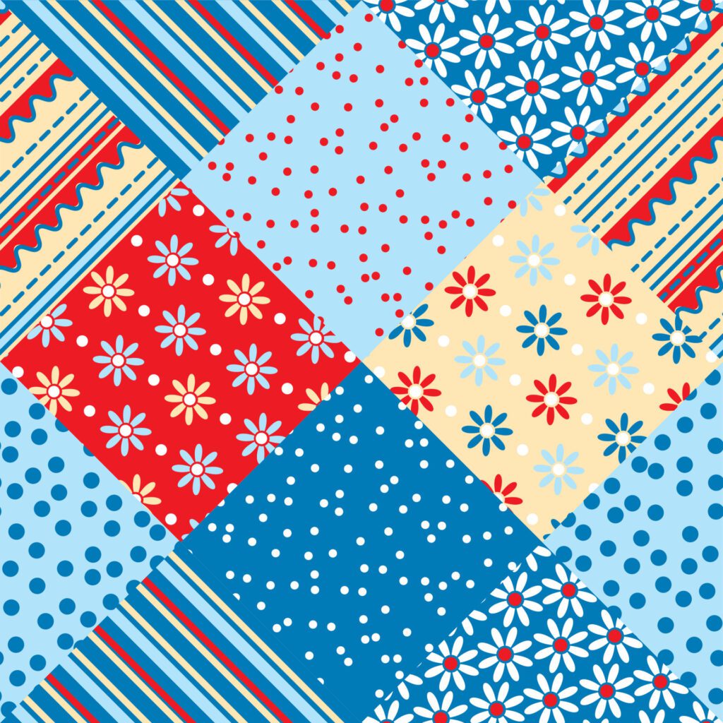 red and blue traditional patchwork vector seamless pattern. flower and polka dot fabric motif Free Vector