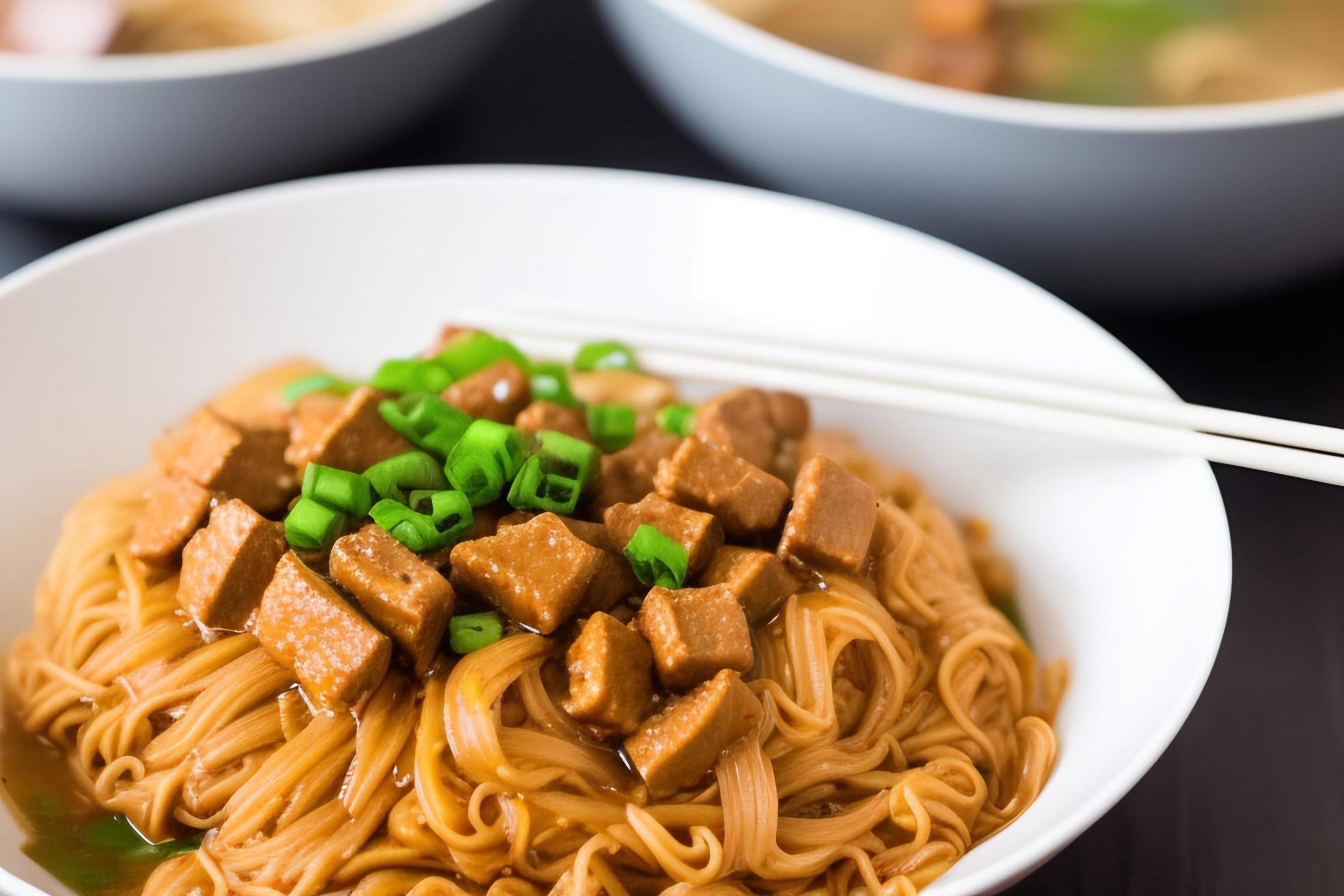 Delicious noodles. Fast food meal with appetizing pasta and chopsticks. Stock Free