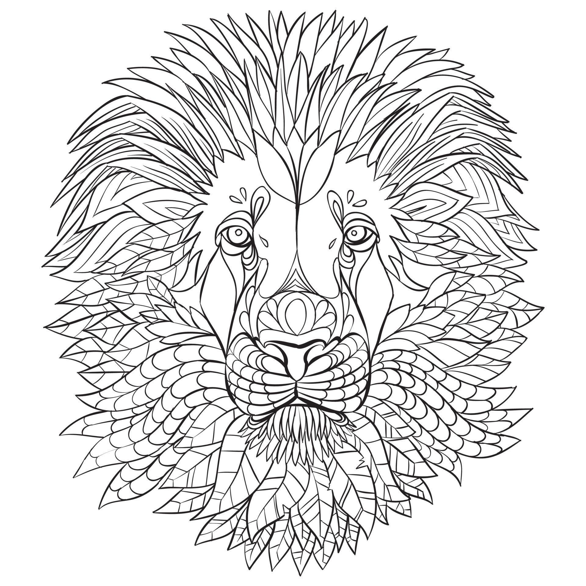 The head of a lion with a big mane. Meditative coloring of antistress. Arrows, strips, scales, lines. Logo, print on the shirt. Background for text Stock Free