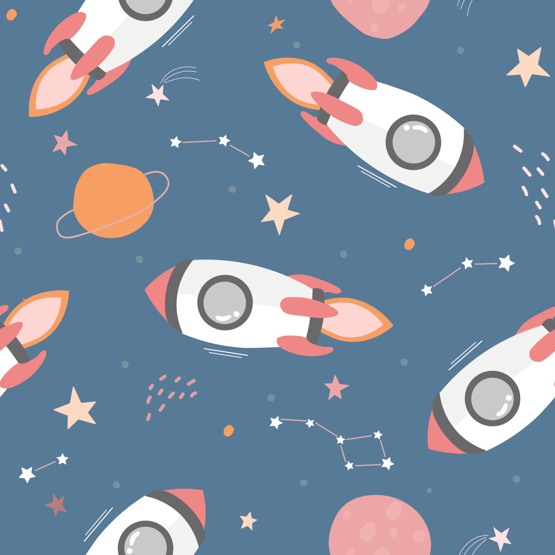 Seamless pattern with space. Rockets fly from all the planets, stars, constellations in the universe. Children’s print. Vector graphics. Free Vector