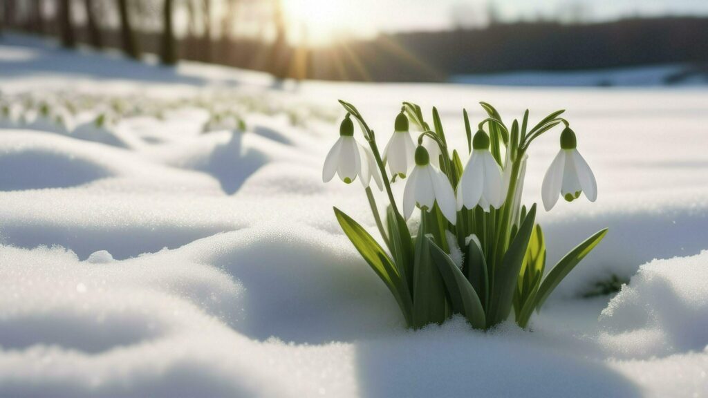 First spring snowdrops flowers sticking out from the snow. Free Photo