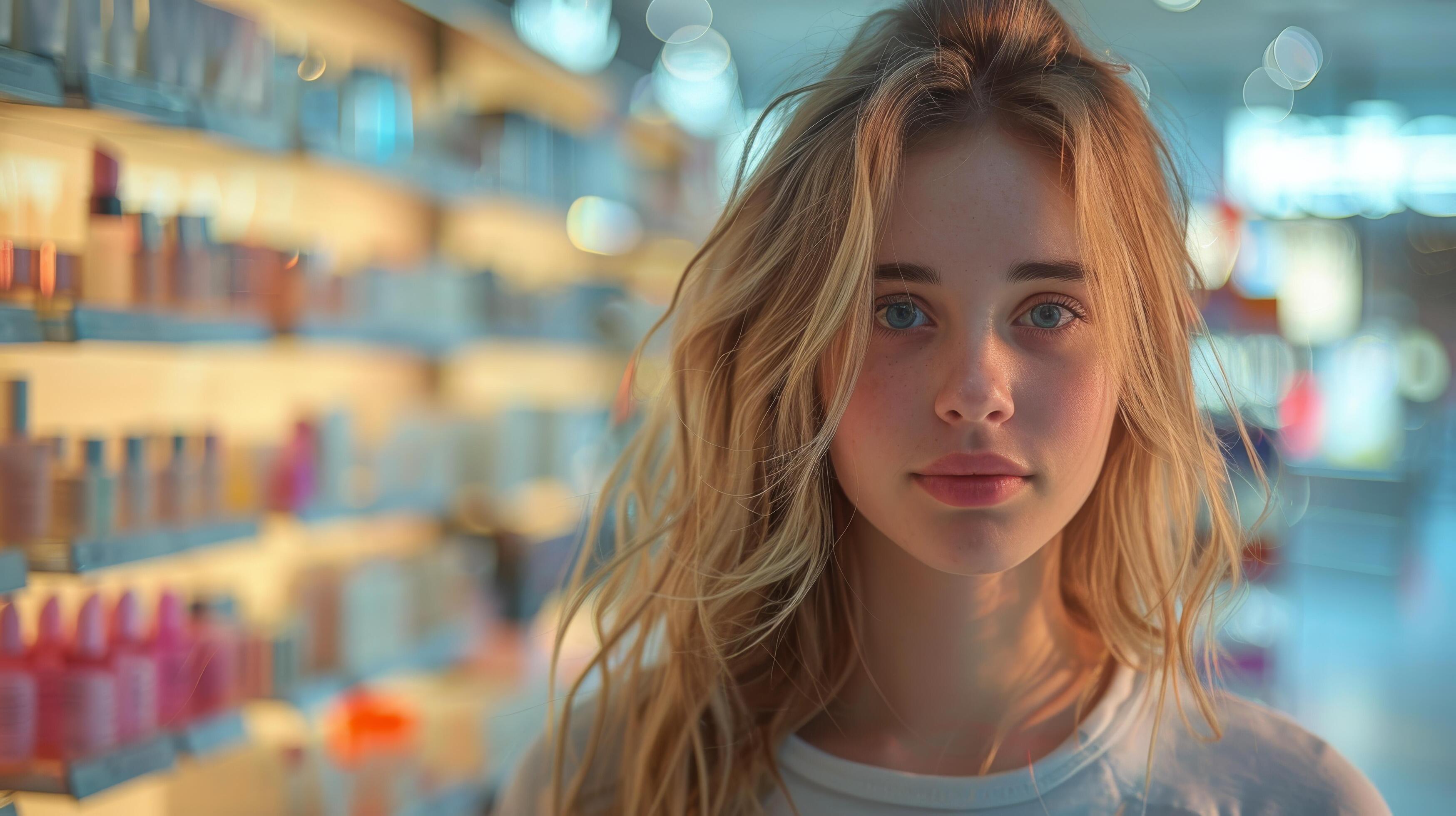 Woman Standing in Front of Cosmetic Shelf Stock Free