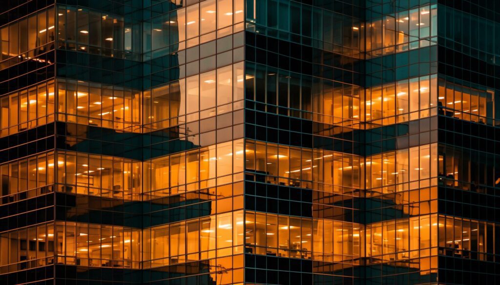 A modern skyscraper reflects the vibrant city life at dusk generated by AI Stock Free