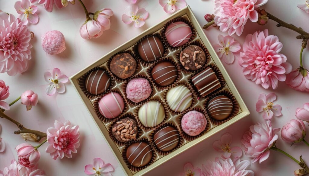 Assorted Chocolate Truffles Box With Pink Flowers on a Pink Background Stock Free