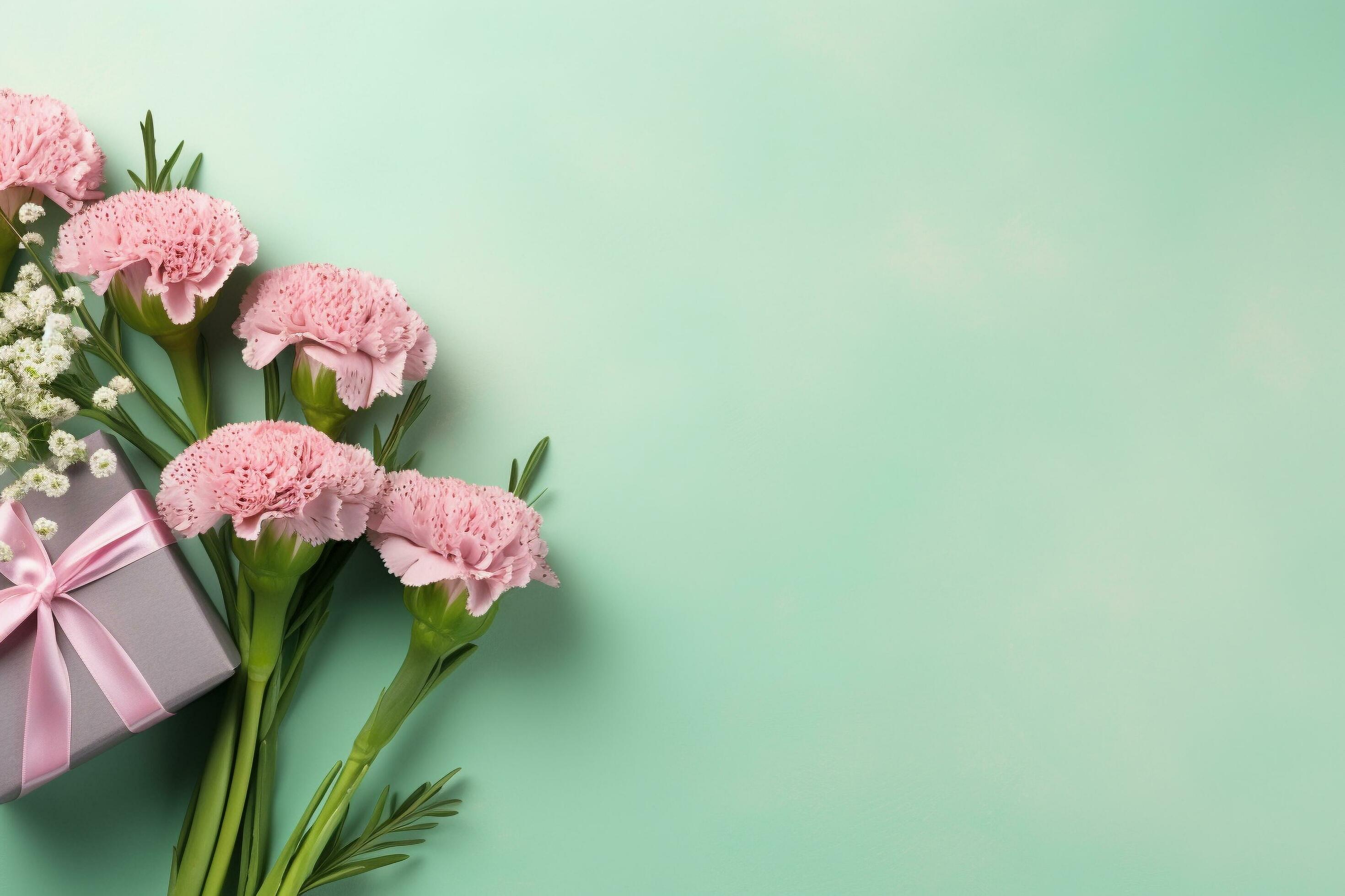 Top view of pink present boxes with ribbon, carnation flowers on a soft pastel green background with copy space, Generative AI Stock Free