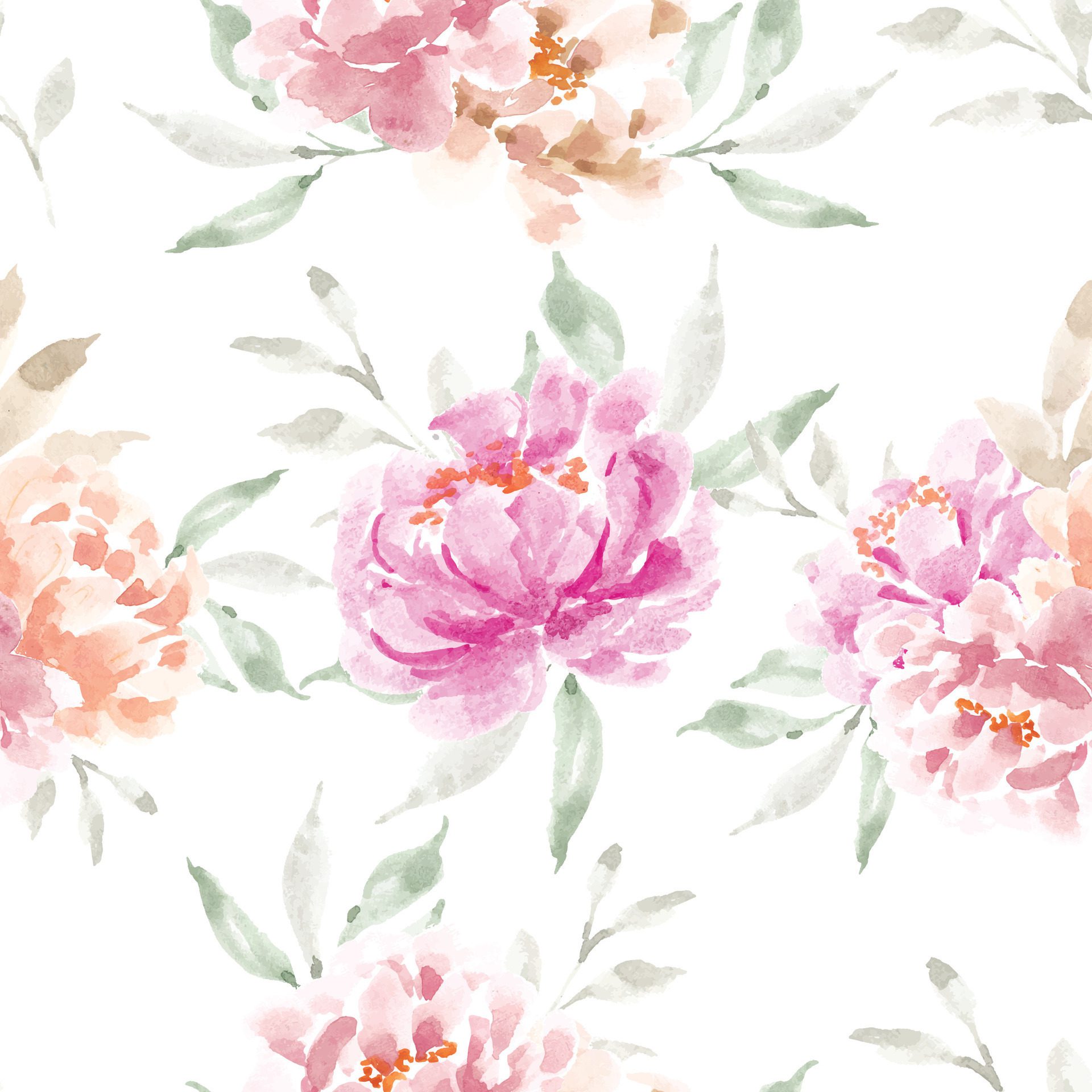 Pink and Pastel Peony Watercolor Flower Seamless Pattern Free Vector