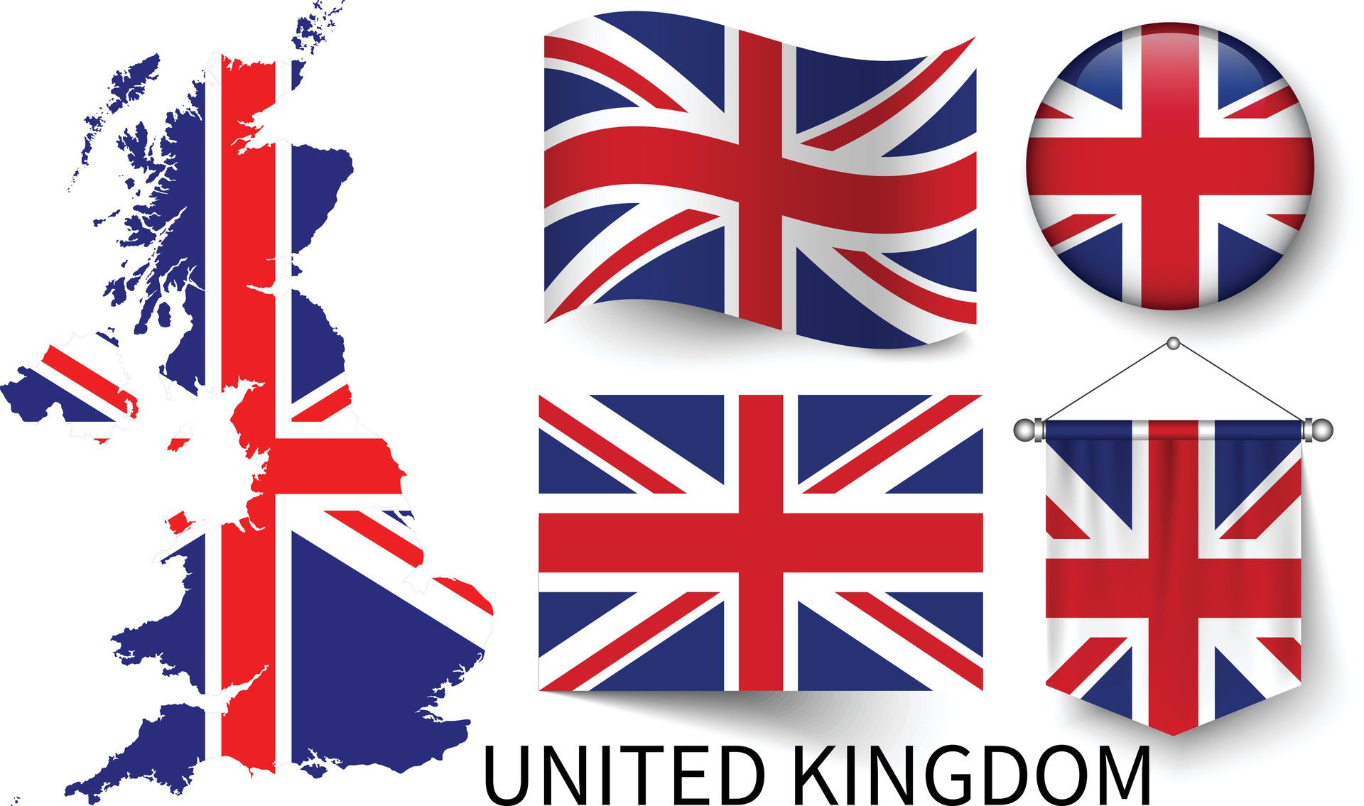 The various patterns of the United Kingdom national flags and the map of the United Kingdom borders Free Vector