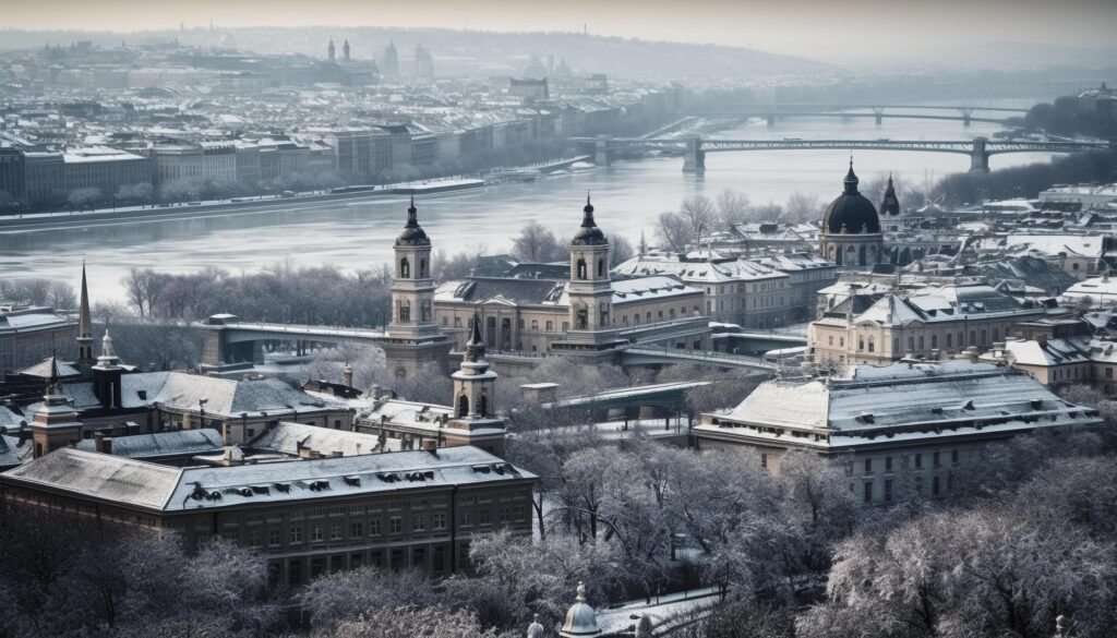 Winter cityscape with famous religious buildings and urban skyline generated by AI Stock Free