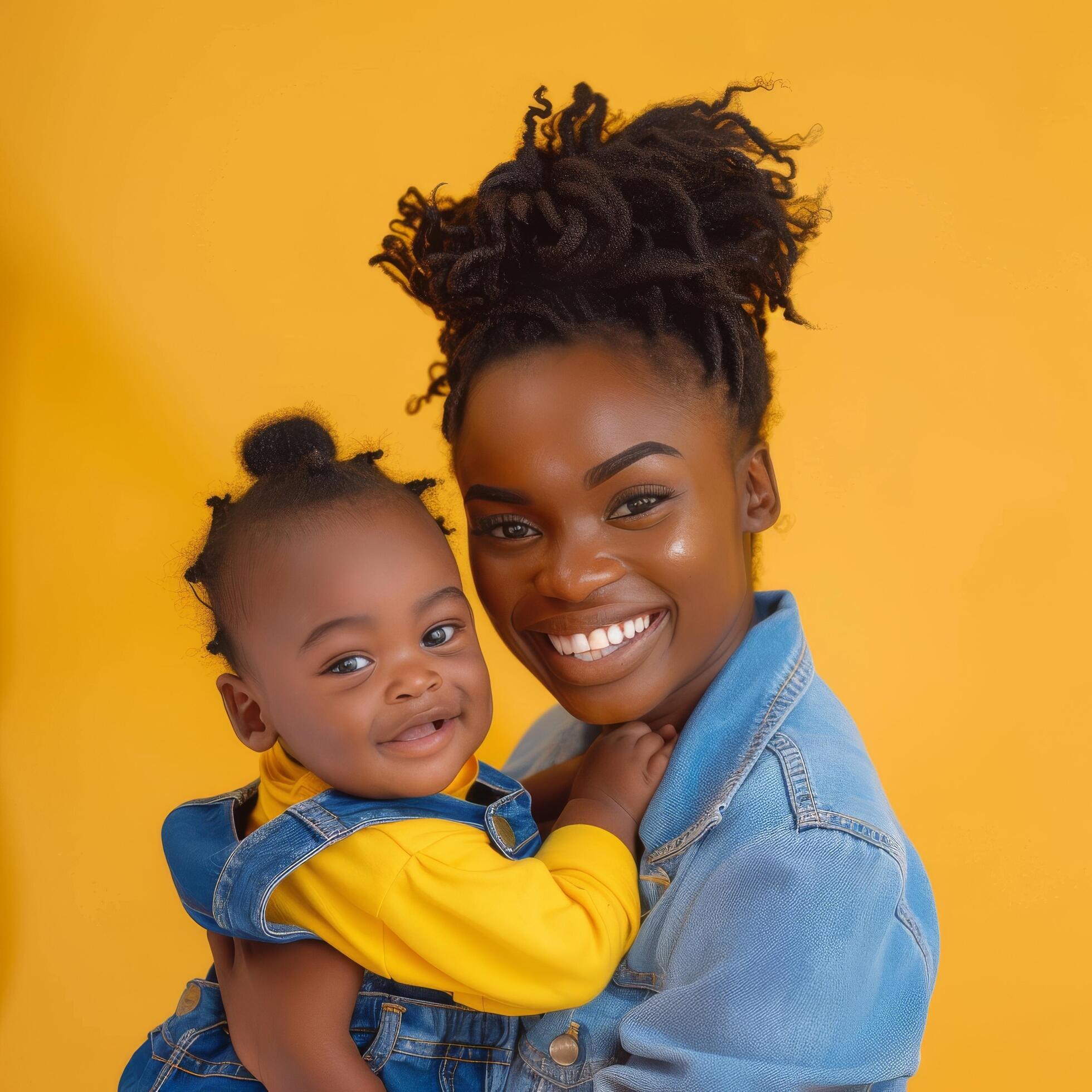 Mother and daughter smiling together against yellow background suitable for advertising and family content Stock Free