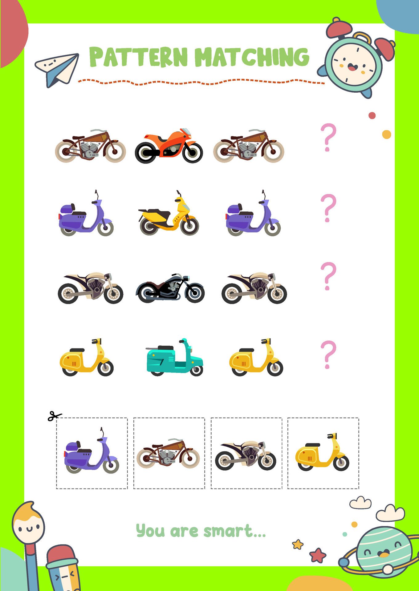 Matching pictures to patterns. Activity worksheet Free Vector