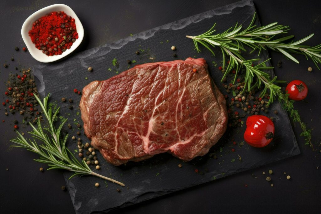 Raw organic marbled beef steaks with spices on a wooden cutting board on a black background. Free Photo