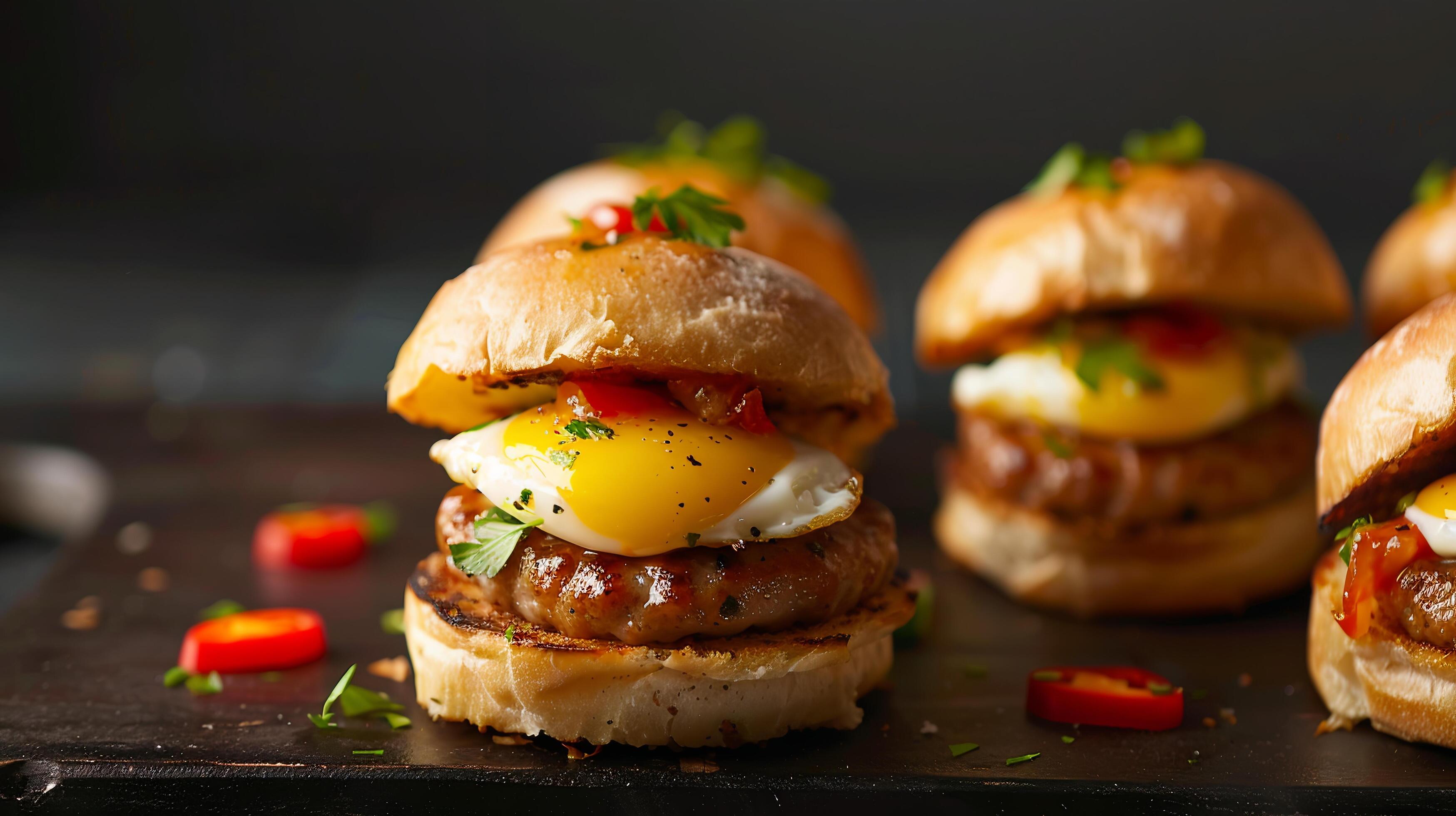 Breakfast sliders featuring mini egg sandwiches with sausage and pepper jack cheese on slider buns. Stock Free