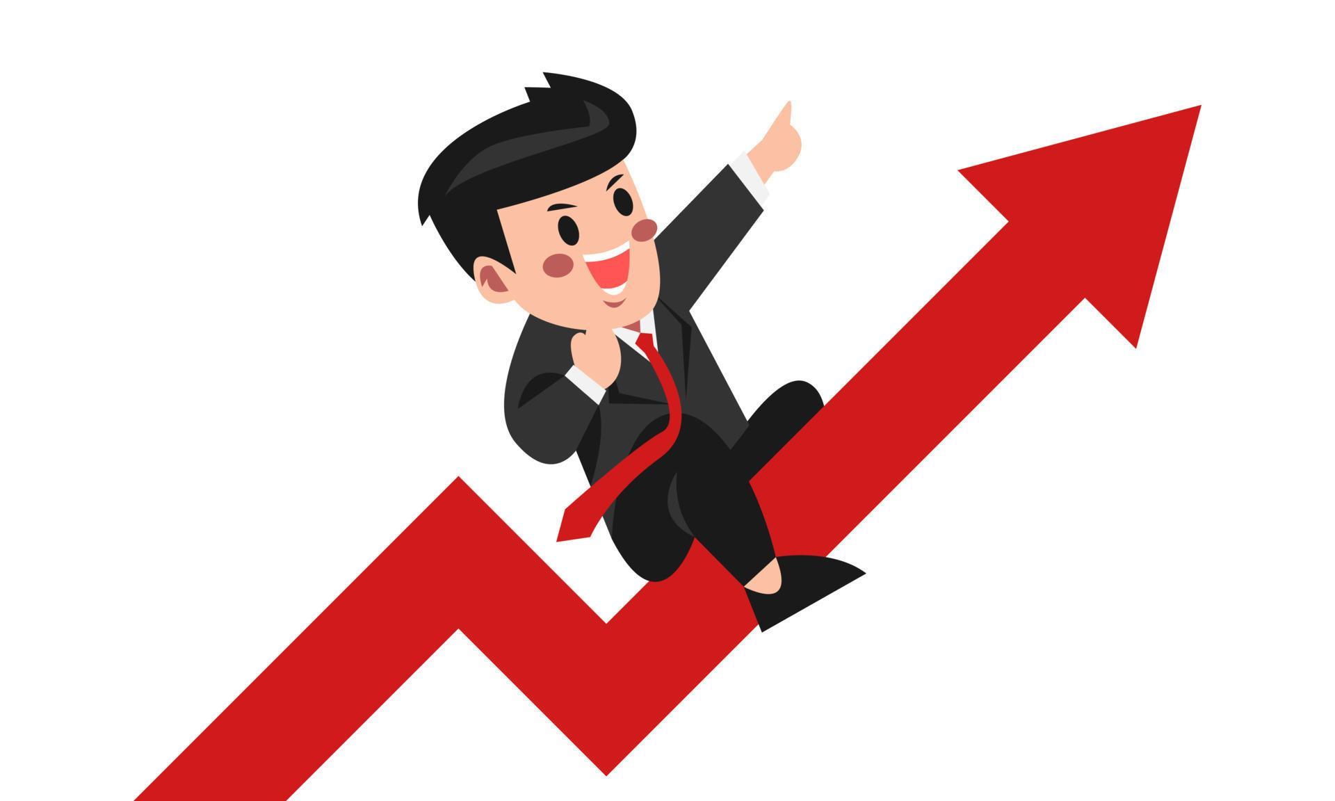 cute male character going up arrow pointing up. businessman flying with graph. concept of business, success, growth, finance. flat vector illustration. Stock Free and Free SVG