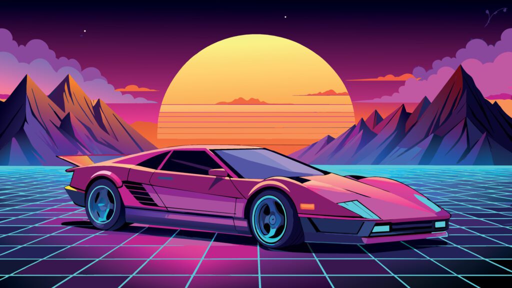 Retro futuristic background with 80’s style sport car Free Vector