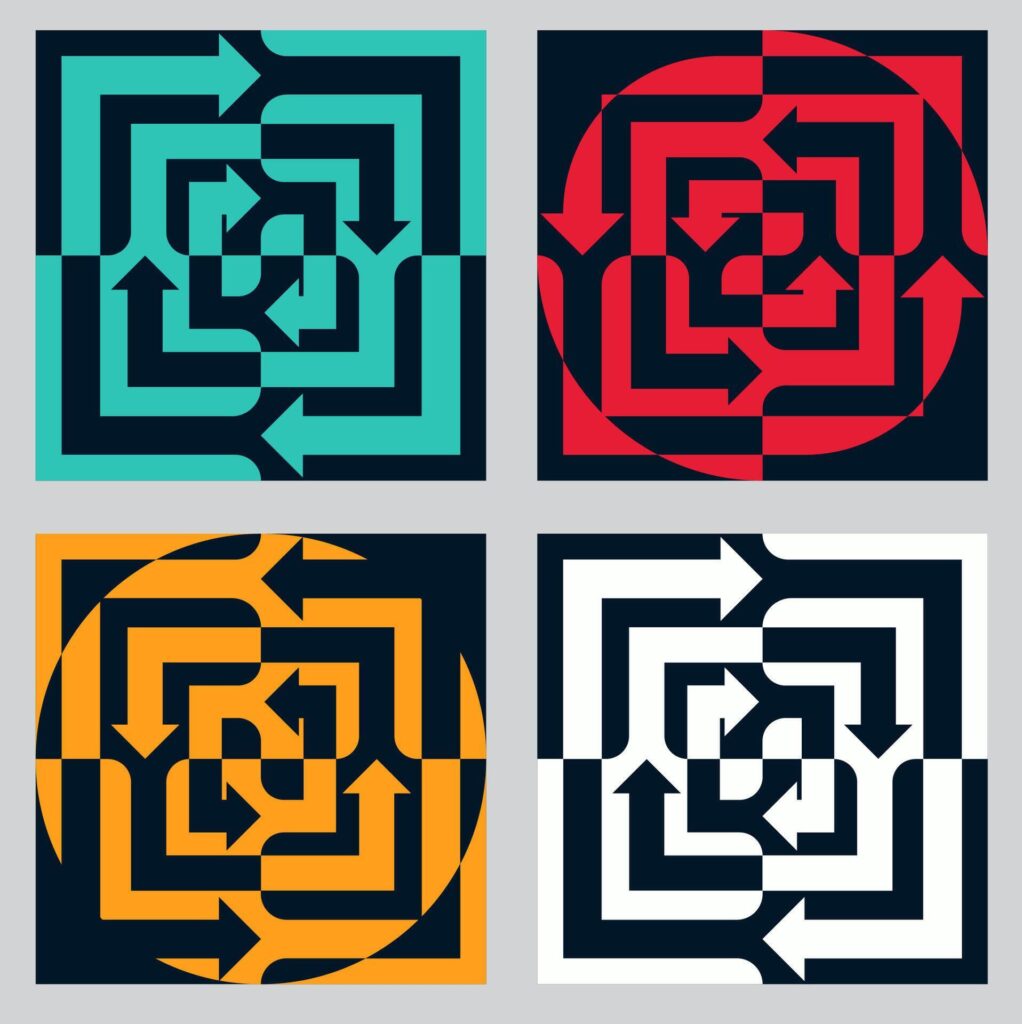 colorful square maze arrow, maze icon. Business concept. Stock Free