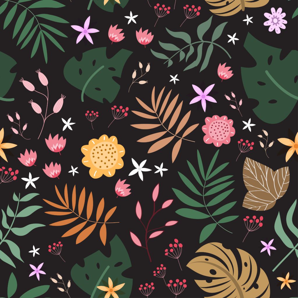 Floral seamless pattern of garden with balck backdrop Free Vector