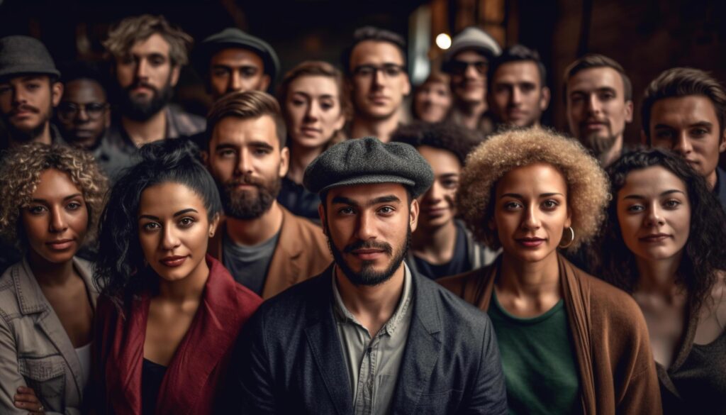 A diverse group of young adults smiling at the camera generated by AI Stock Free